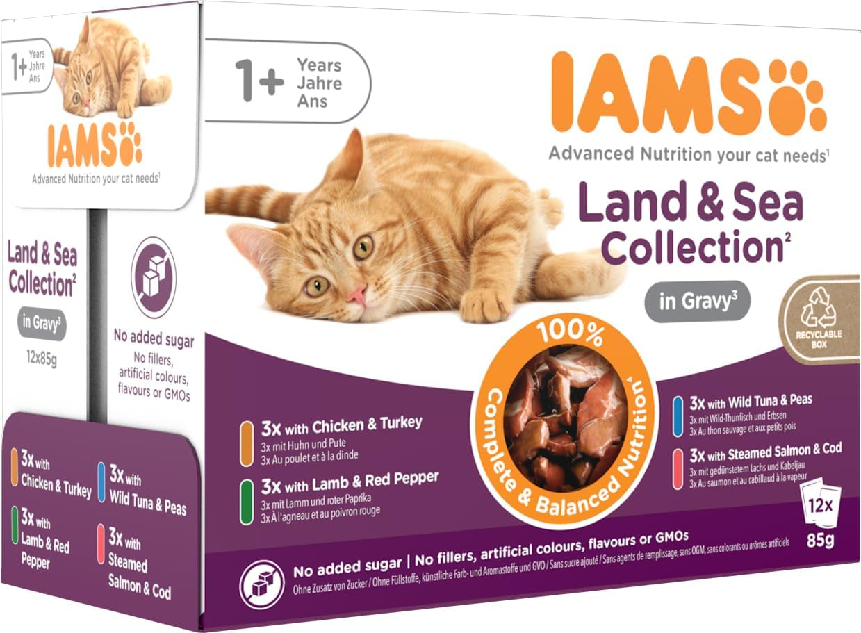 Mokré krmivo pro kočky IAMS Delights Land & Sea Collection - vícenásobné balení masa a ryb v omáčce, mokré krmivo pro kočky od 1 roku, 12 x 85 g