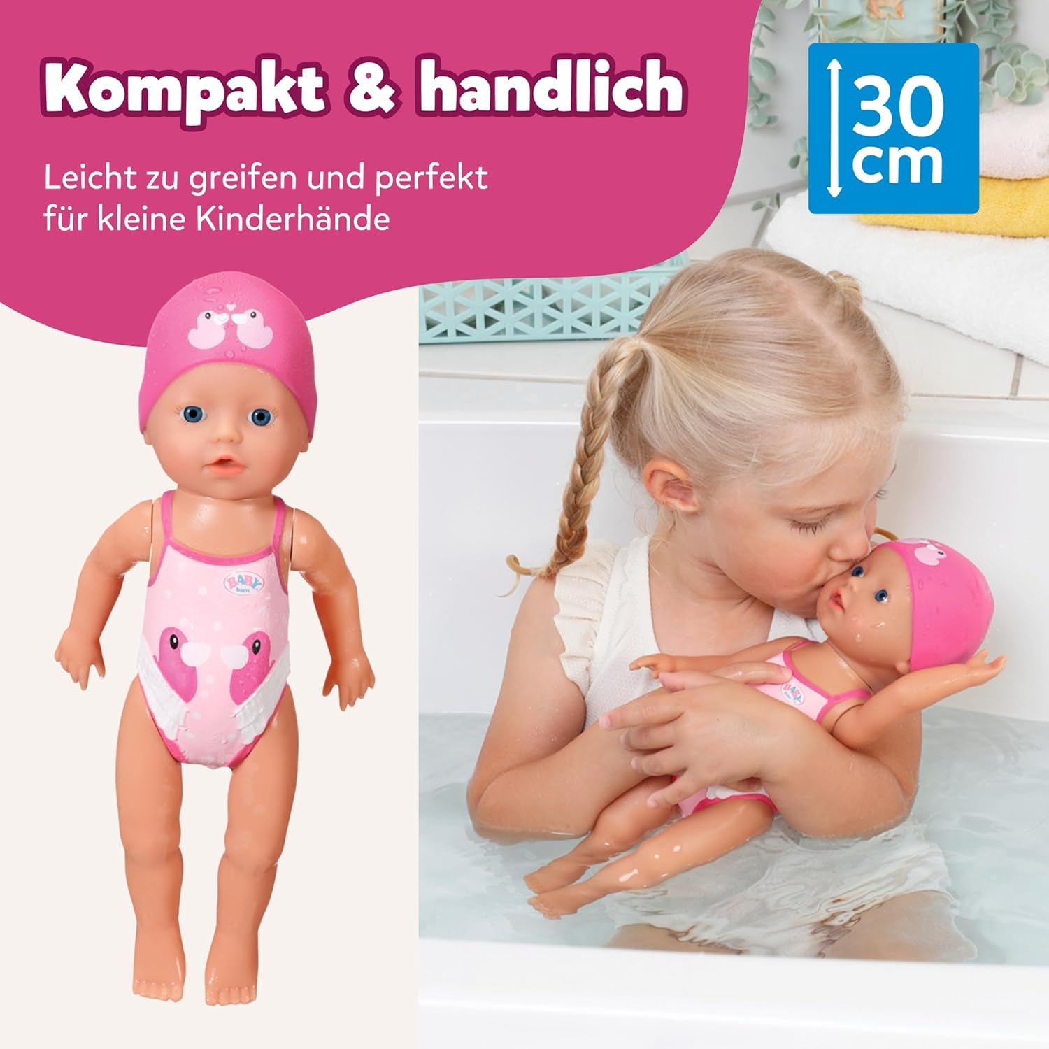 BABY Born My First Swimmer Girl - Panenka 30 cm - Panenka do vany s otočným mechanismem, Vodotěsná - Funguje bez baterií - Vhodné pro děti od 1 roku