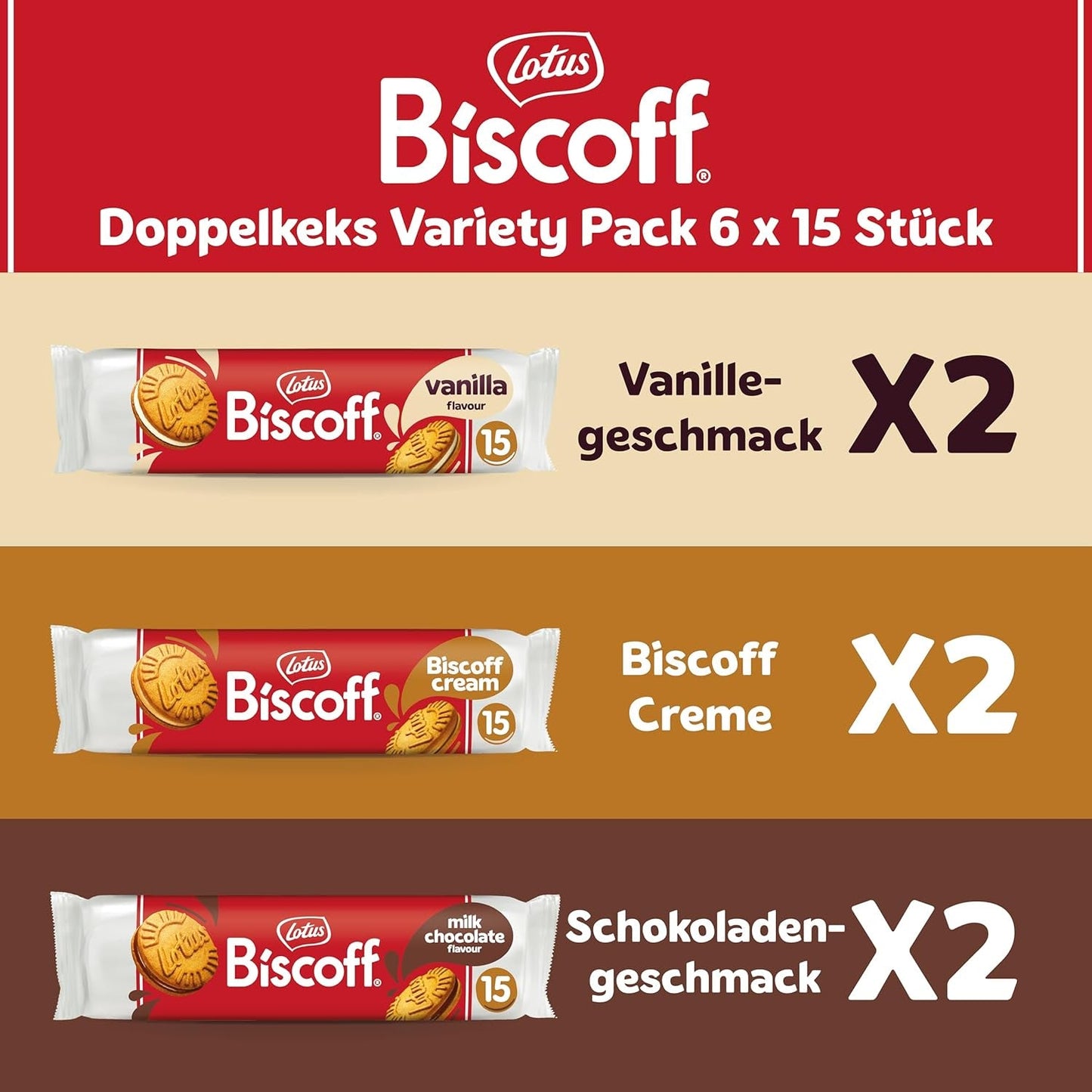 Lotus Biscoff | Dvojité balení sušenek | 3 odrůdy | 2 balíčky na odrůdu | 15 dvojitých sušenek v balení | Ingredience přírodního původu | Bez barviv | 6 x 150 g | 900 g