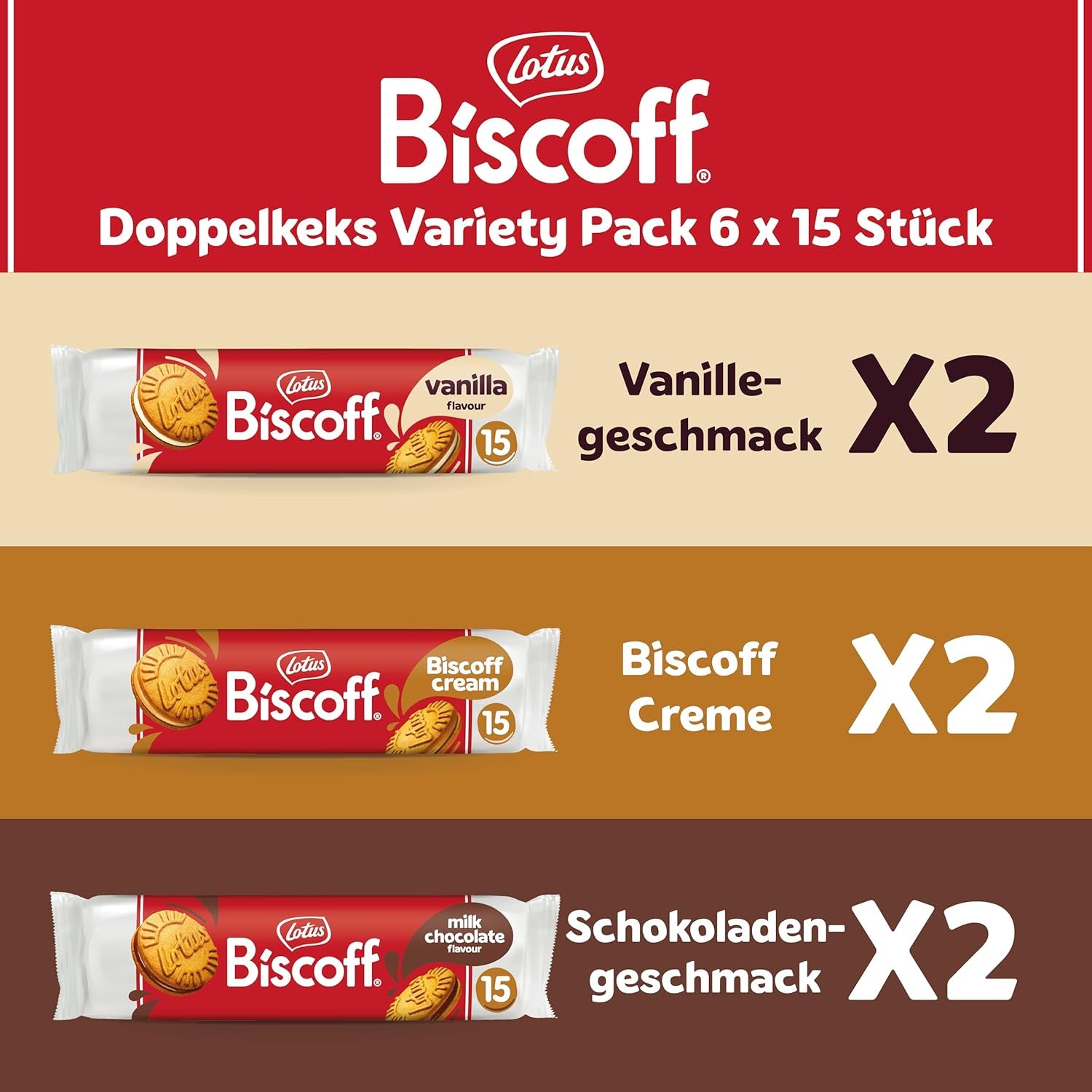 Lotus Biscoff | Dvojité balení sušenek | 3 odrůdy | 2 balíčky na odrůdu | 15 dvojitých sušenek v balení | Ingredience přírodního původu | Bez barviv | 6 x 150 g | 900 g