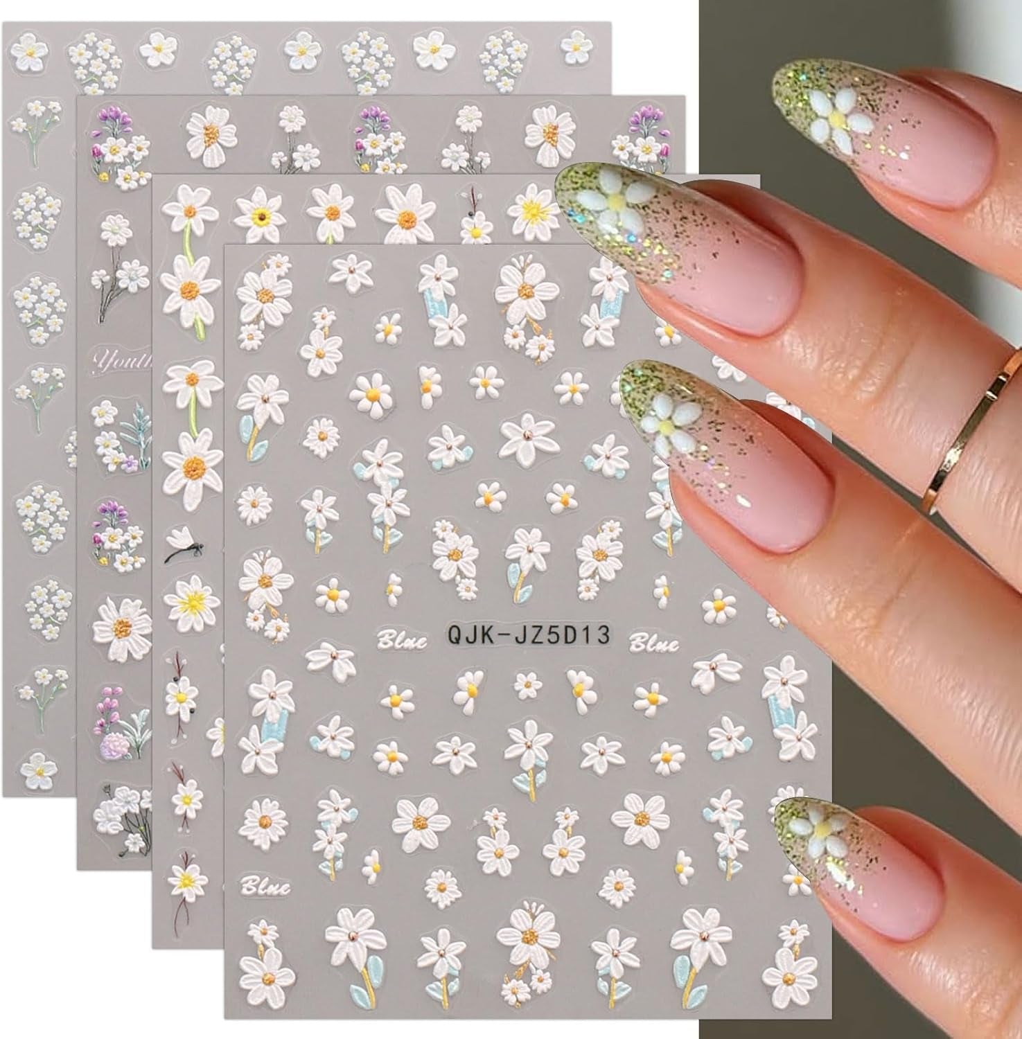 JMEOWIO 3D Nálepka na nehty Blumen Nálepka na nehty Selbstklebend Nagelaufkleber 5D Stereoskopické Letní Frühling Blumen Dekoration Nageldesign Zubehör 4 Blatt