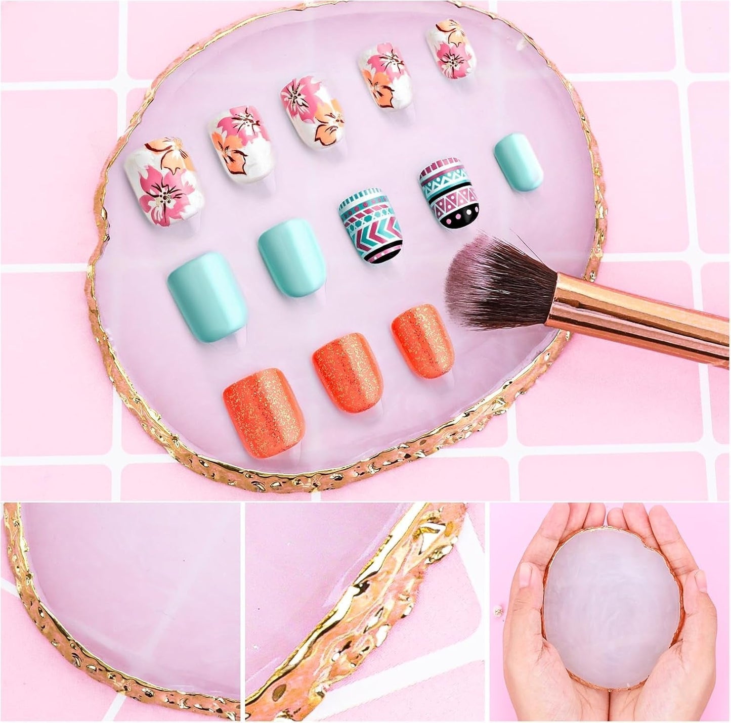 Paletka Harz Nail Art,Maniküre Gemalt Palette,Goldener Rand Nagelleck Palette,Nail Art Make-up Paletten Fach Nagel DIY Zubehör(Weiß)