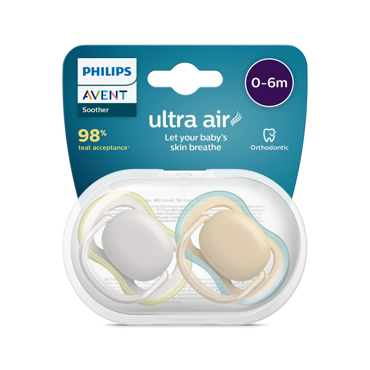 Dudlíky Philips Avent Ultra Air Balení 2 kusů – Dudlíky s bisfenolem A pro děti 0-6 měsíců (model SCF085/15) Hnědá/zelená