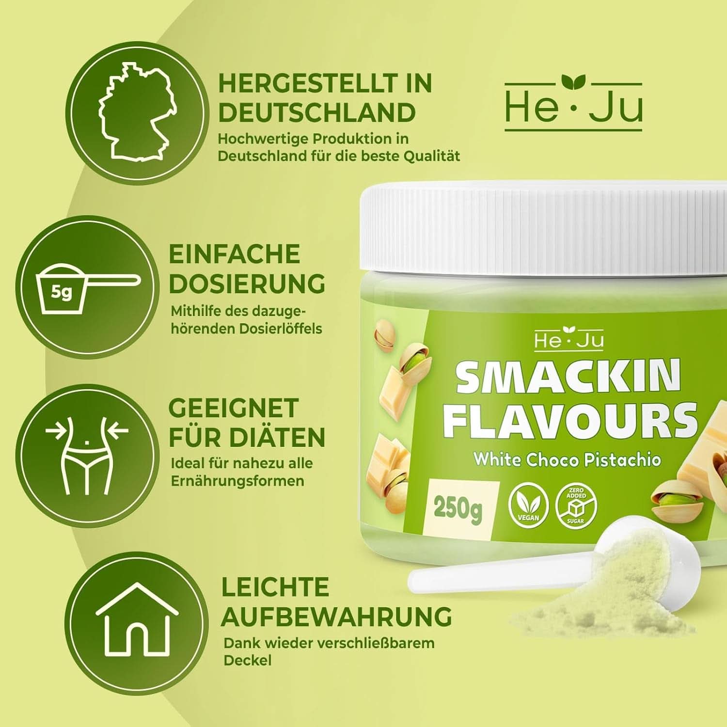He-Ju, prášek s příchutí bílé čokolády a pistácií, 250 gramů Naty Shop Flavors