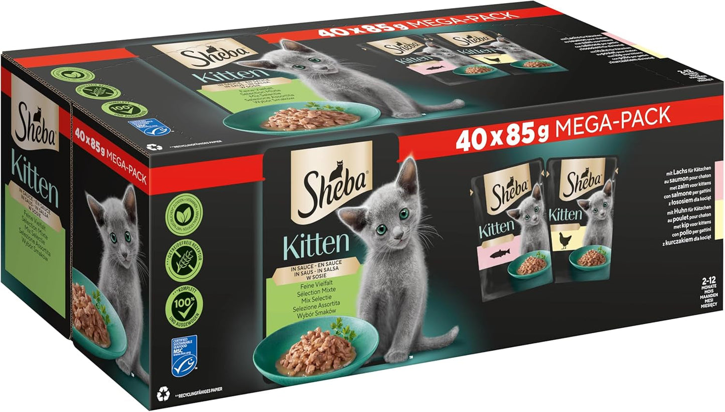 Sheba mokré krmivo pro koťata, v různých sáčcích, s lososem (MSC) a kuřecím masem v omáčce, multipack 40x85g