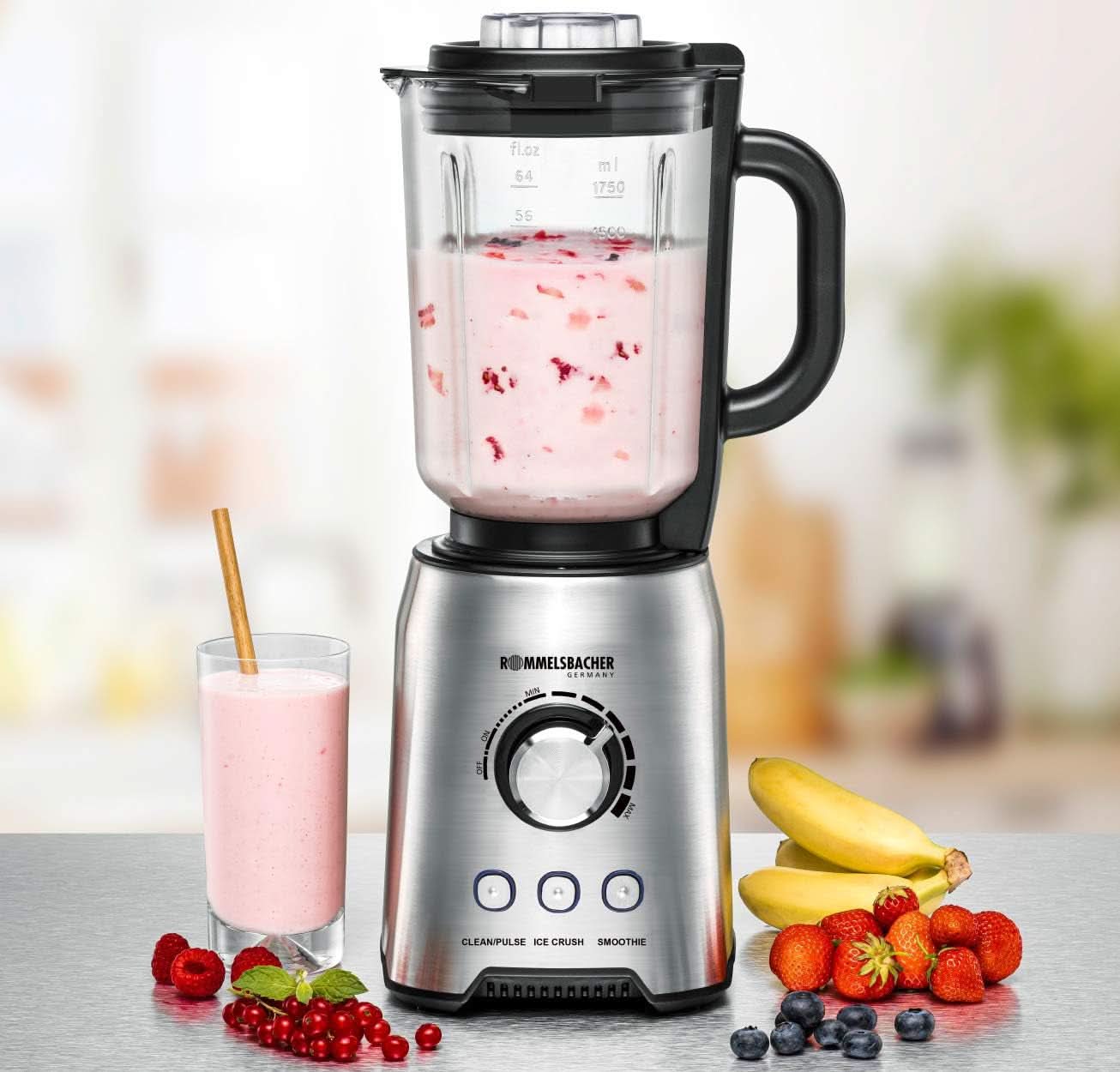 ROMMELSBACHER Standmixer MX 1250-22 000 U/Min, Stufenlose Drehzahlregulierung, Funktionsstasten (Smoothie, Clean/Pulse, Ice Crush), Glaskrug, Edelstahlgehäuse, Spezialmesser, 1200 Watt Kitchen Naty Shop