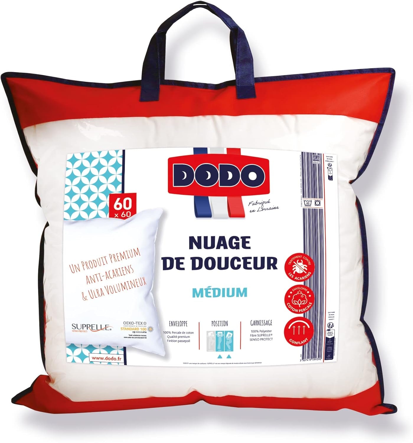 DODO Premium Polštář, 60 X 60 Cm, Střední komfort, Polštář Cloud De Douceur | Odolný proti roztočům a nadýchaný | Perkálová bavlna + podšívka Lze prát v pračce na 40 °C standardní polštáře Naty Shop