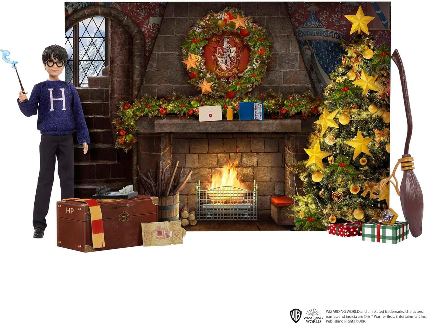 HARRY POTTER Nebelvírský adventní kalendář – 24 příběhů, kouzelná překvapení, bradavická společenská místnost, realistická tvář, pro fanoušky od 6 let, HND80 Naty Shop Dolls