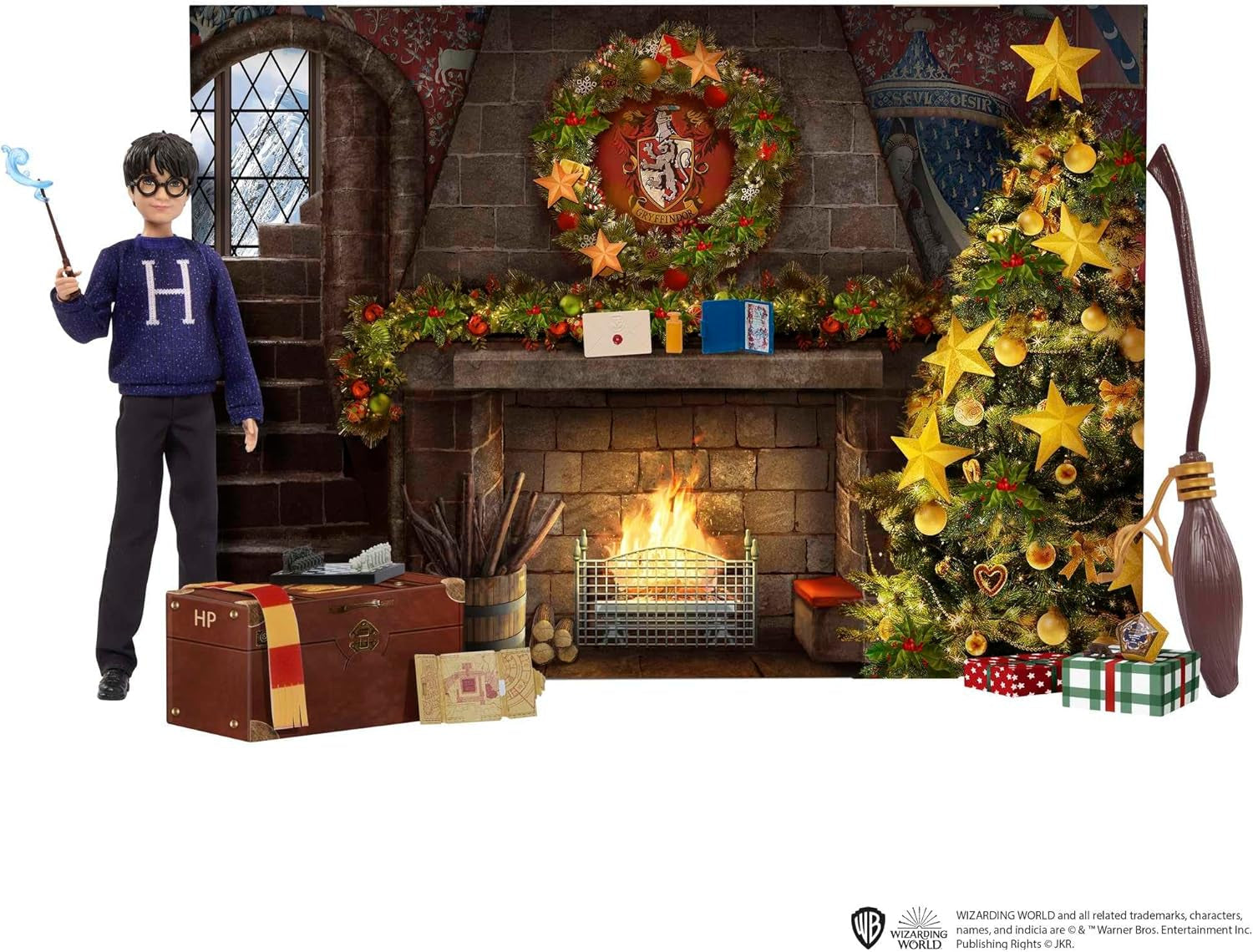 HARRY POTTER Nebelvírský adventní kalendář – 24 příběhů, kouzelná překvapení, bradavická společenská místnost, realistická tvář, pro fanoušky od 6 let, HND80 Naty Shop Dolls
