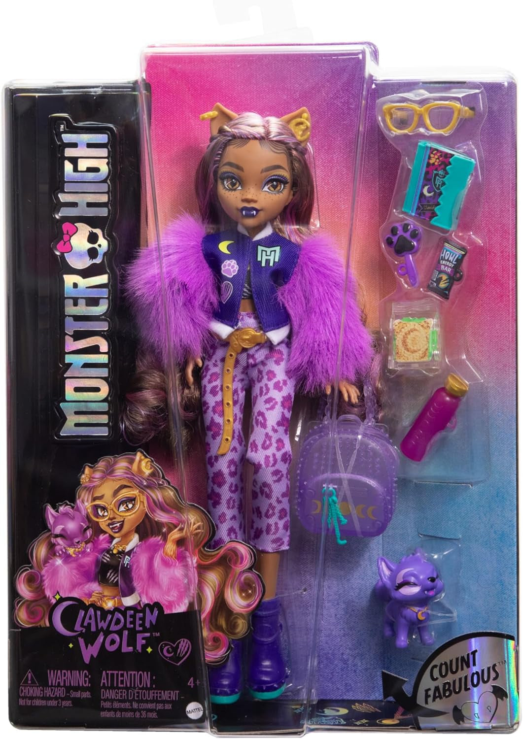 Panenka Monster High Clawdeen Wolf se psem Crescent a doplňky, jako je batoh, kalendář, svačiny a další, HRP65 Naty Shop Dolls