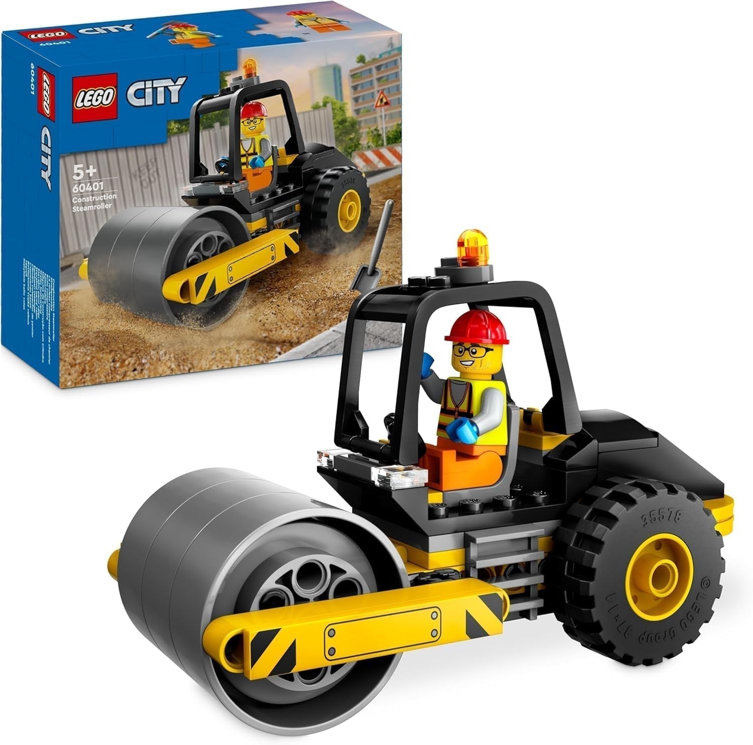 Stavební vozidlo LEGO City Road Roller pro 5leté děti Parní válec s minifigurkou stavebního dělníka Nápaditý herní zážitek pro chlapce a dívky Malý zábavný dárek 60401 Stavebnice Beuche den LEGO-Store Single
