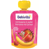 Sáčky s ovocem, malinou, jablkem, banánem a špaldou - 16 kusů (balení po 4 kusech, 4 x 90 g), bez přidaného cukru, vyrobené z měkkého ovoce a zdravých obilovin, ideální pro svačiny s sebou a vlastní spotřebu