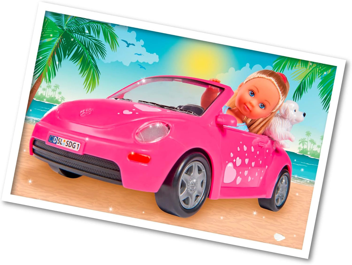 Simba 105731539 - Evi Love Beetle Evi's, Evi s autem, auto: 22 cm, se psem, módní panenka, 12 cm, pro děti od 3 let