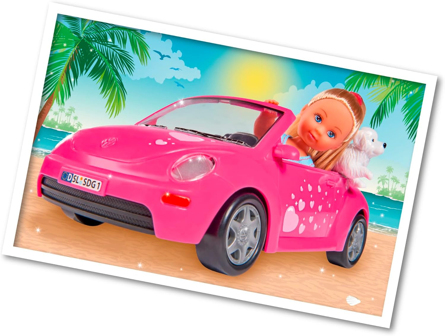 Simba 105731539 - Evi Love Beetle Evi's, Evi s autem, auto: 22 cm, se psem, módní panenka, 12 cm, pro děti od 3 let