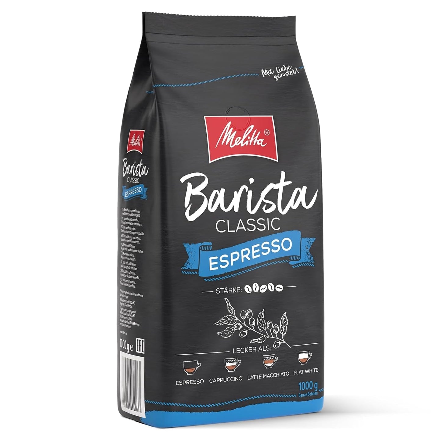 Melitta Barista Classic Espresso, celá kávová zrna 1kg, mletí, kávová zrna pro automatické espresso kávovary, silné pražení, intenzita 5 (balení 2 ks)