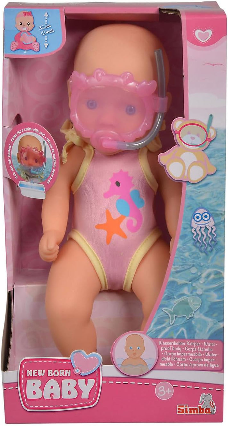 Simba 105030172 - New Born Baby koupací panenka, vinylová panenka v plavkách s plaveckými brýlemi, 30 cm, panenka, věk 3+ panenky Naty Shop