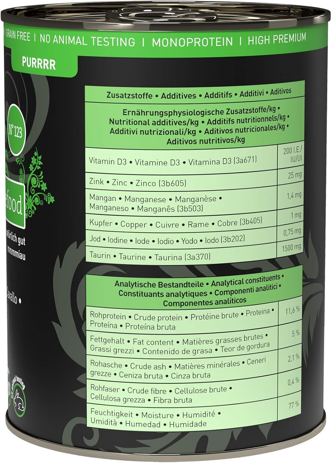 Mokré krmivo pro kočky Catz Finefood Purrrr Horse Monoprotein no. 123, pro kočky s citlivým zažíváním, 70% obsah masa, 6 krabic x 400 g