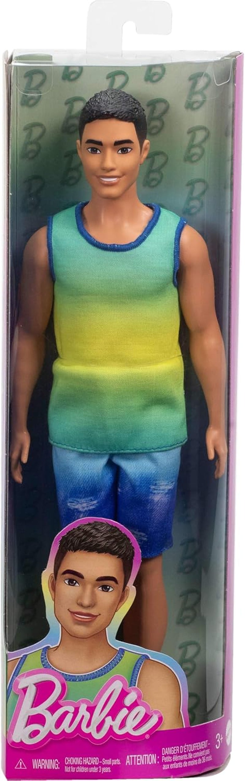 Panenka Ken Barbie Fashionistas č. 236 s černými vlasy, tílkem v šedozeleném ombré, džínovými šortkami a stříbrnými teniskami, HYV00