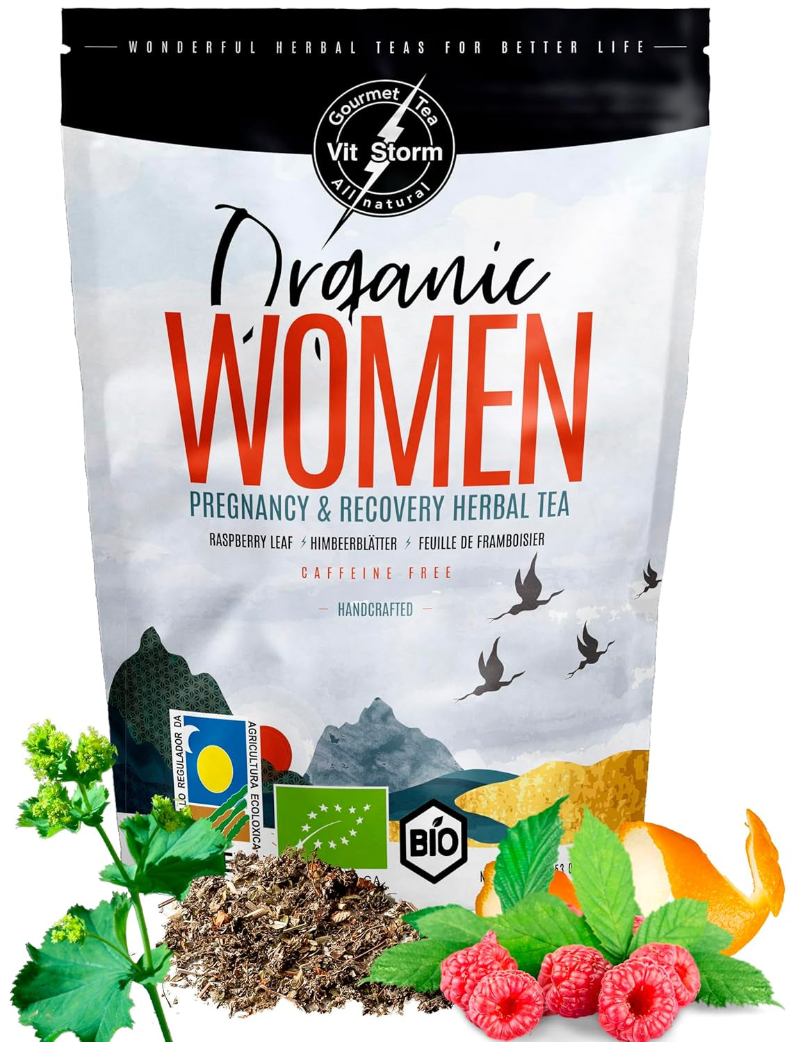 VITSTORM® BIO TEE Mom & Kids - Čaj pro ženy a kojící ženy - Rooibos, jablko, fenykl, meduňka, alchemilka, jahoda - Relaxační čaj - Ovocný a lahodný - Bez kofeinu - Bylinný čaj 100 g