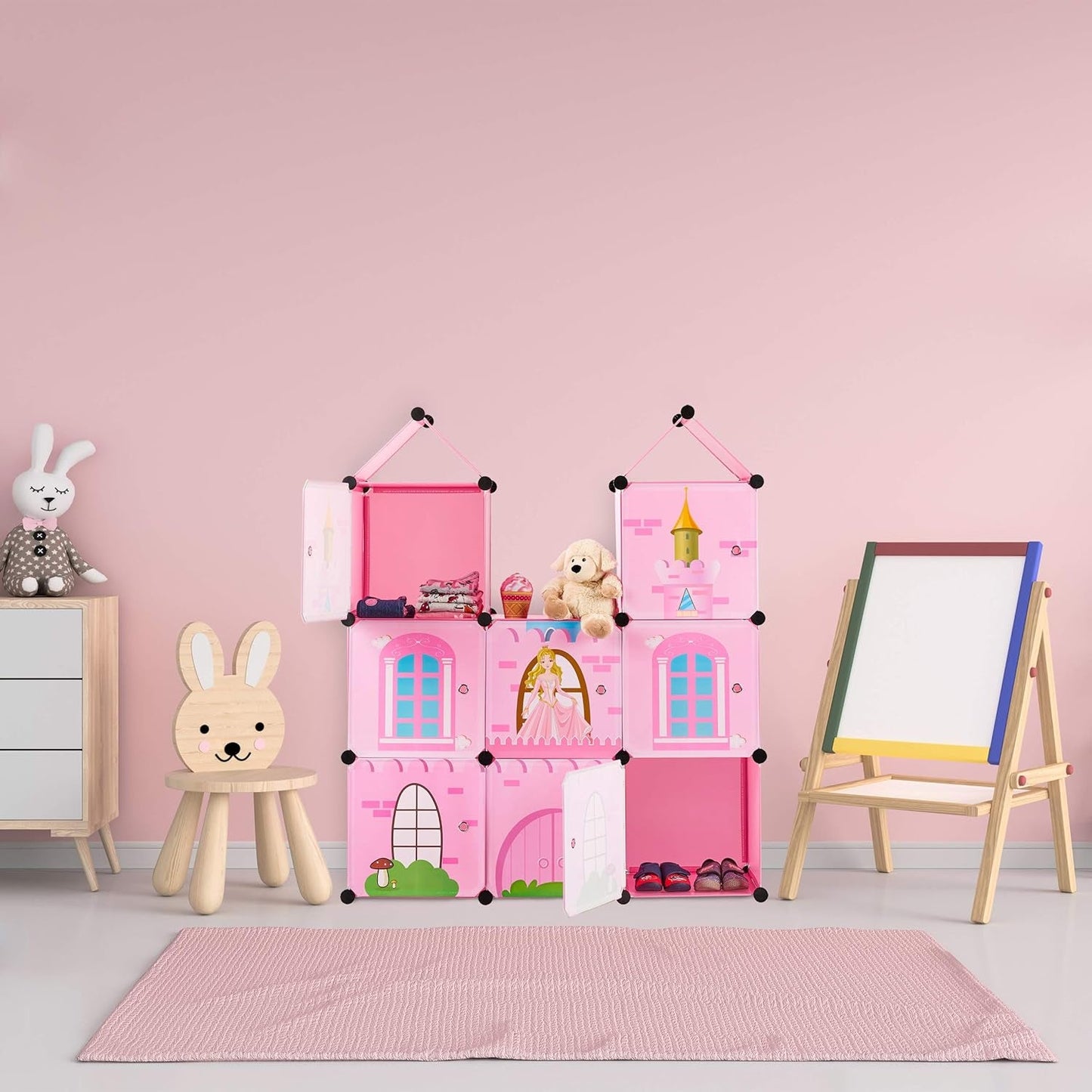 Modulová polička Relaxdays do dětského pokoje, design princess castle, plast, DIY skříňka s dvířky, HL: 128 x 110 x 37 cm, růžová