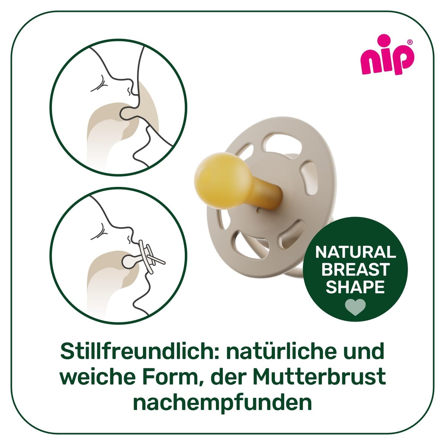 nip - Cherry Green | 0-6 měsíců | Balení 4 ks | Dětský dudlík, vhodný pro kojení a prořezávání zoubků. Udržitelný dudlík, vyrobený z přírodních surovin, světle zelená/hnědá