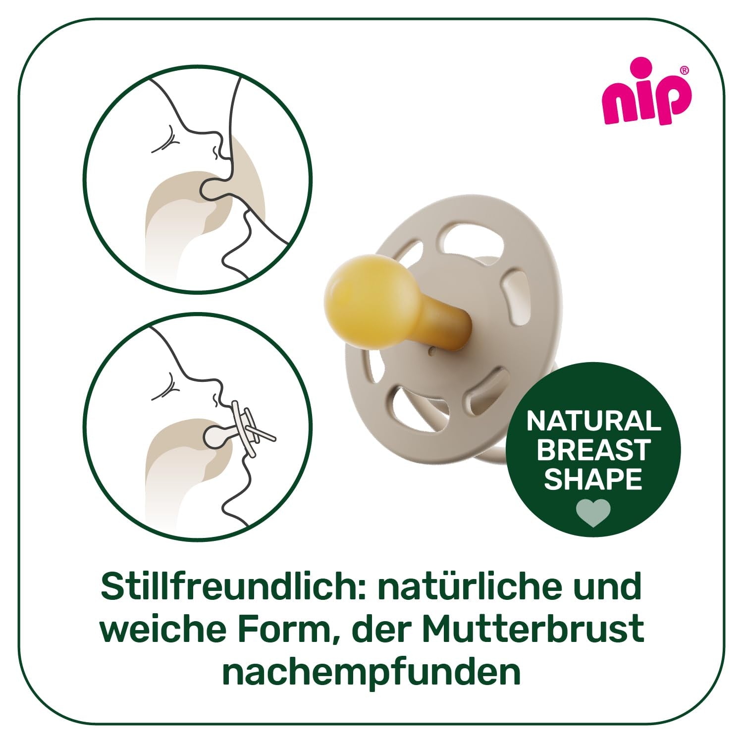 nip - Cherry Green | 0-6 měsíců | Balení 4 ks | Dětský dudlík, vhodný pro kojení a prořezávání zoubků. Udržitelný dudlík, vyrobený z přírodních surovin, světle zelená/hnědá