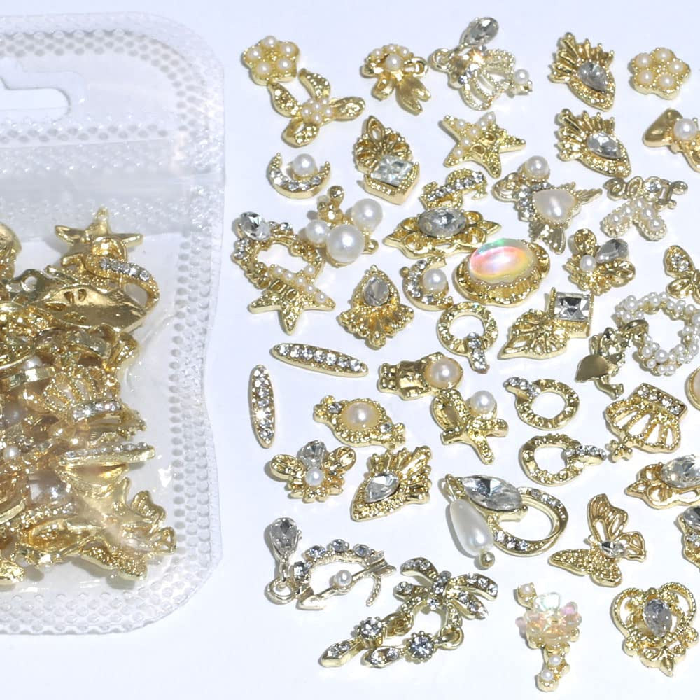 50 zlatých přívěsků na nehty Stück, mix stylů Glitzersteine ​​Nägel Perle Legierung Nagel Steine ​​​​Blume Schmetterling Strasssteine ​​​​Nägel Herz Stern Nagel Charms DIY Nail Art Zubehör Frauen Nägel Deko