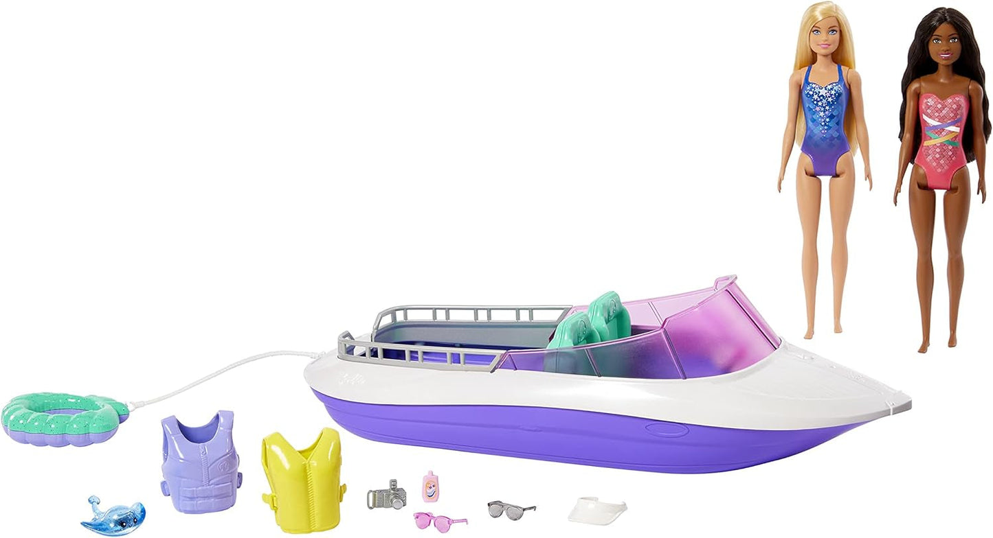 Barbie HHG60 - Motorový člun mořské panny se 2 panenkami (blondýnka/bruneta) a různými doplňky, hračka pro děti od 3 let
