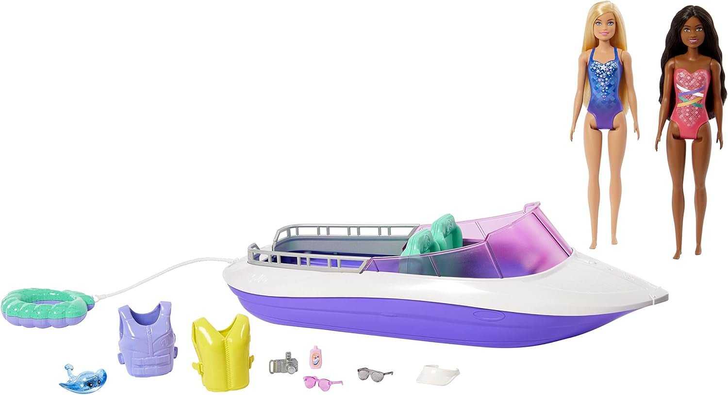 Barbie HHG60 - Motorový člun mořské panny se 2 panenkami (blondýnka/bruneta) a různými doplňky, hračka pro děti od 3 let