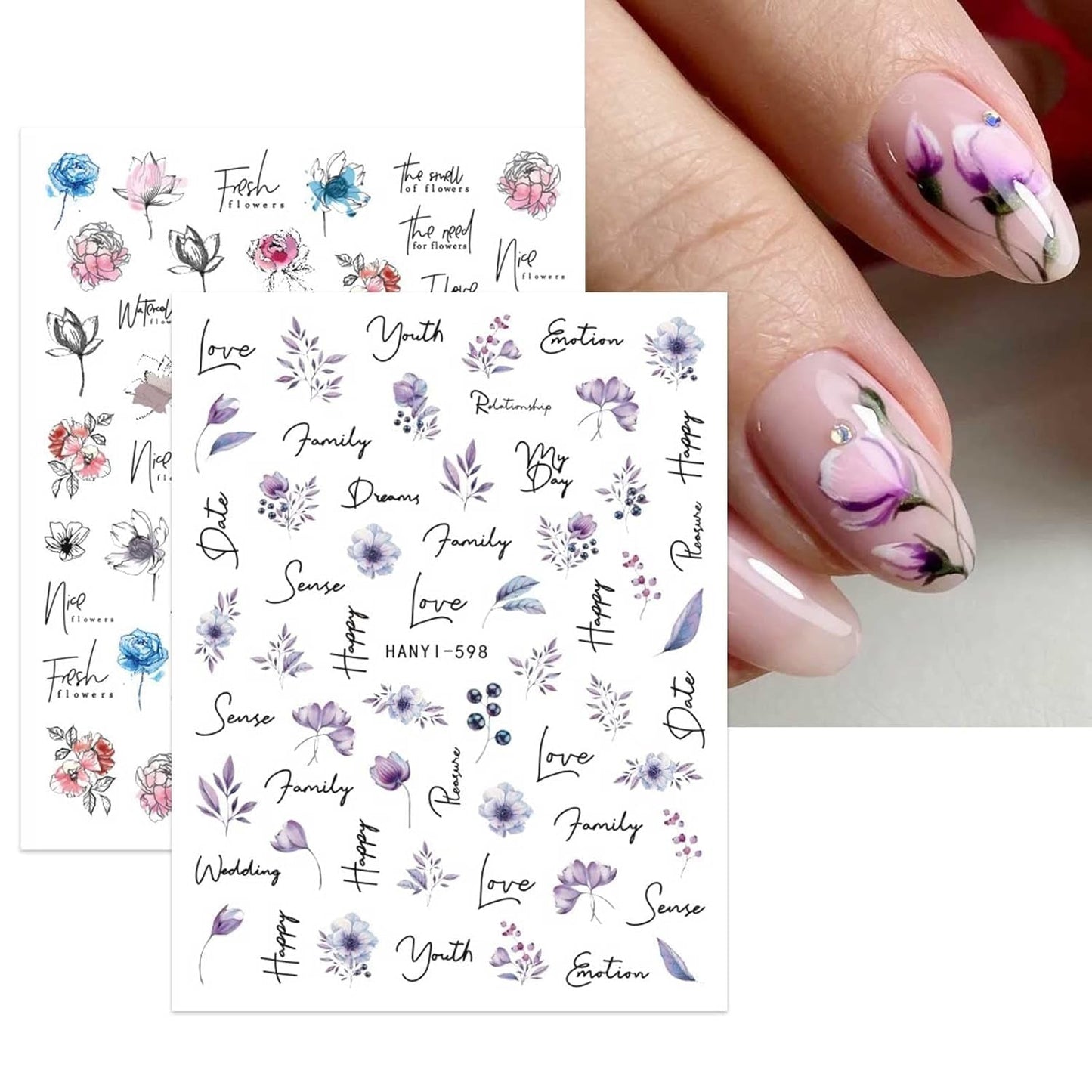 JMEOWIO Nálepka na nehty Frühling Blumen 10 Blatt Nálepka na nehty Selbtklebend Nagelaufkleber Buntes Letní Blumen Dekorace Nageldesign Zubehör