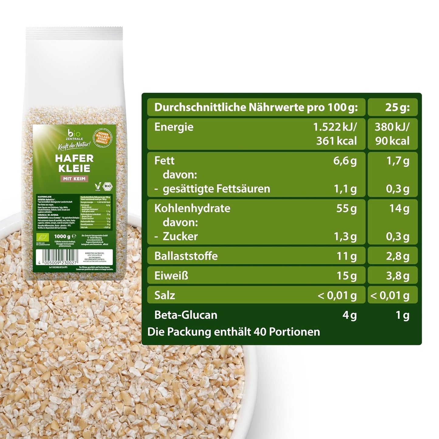 Biocentral bio ovesné otruby 1 kg | Výhodný balíček | Zdroj bílkovin s vysokým obsahem vlákniny | Přirozeně vegan | Ze zemědělství EU | Nízký obsah cukru