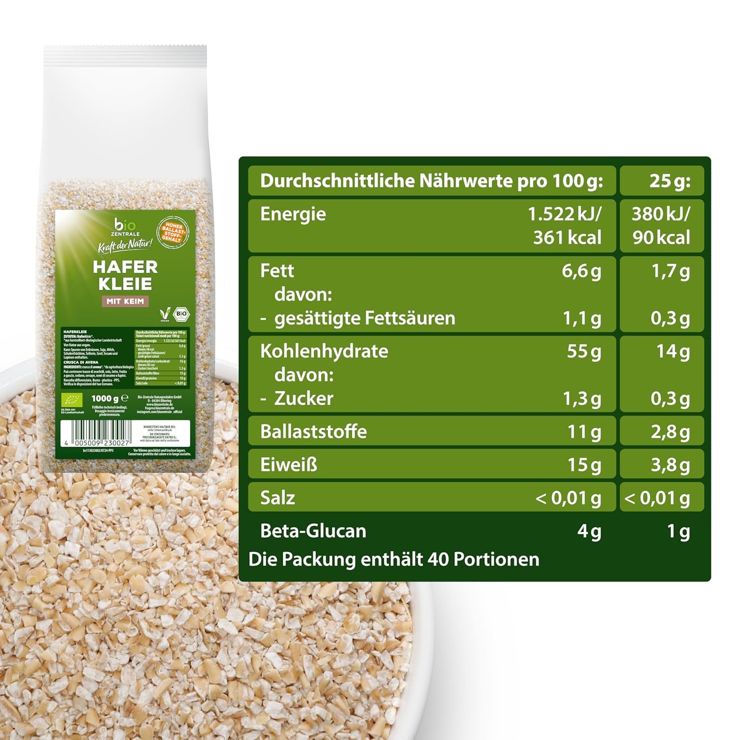Biocentral bio ovesné otruby 1 kg | Výhodný balíček | Zdroj bílkovin s vysokým obsahem vlákniny | Přirozeně vegan | Ze zemědělství EU | Nízký obsah cukru