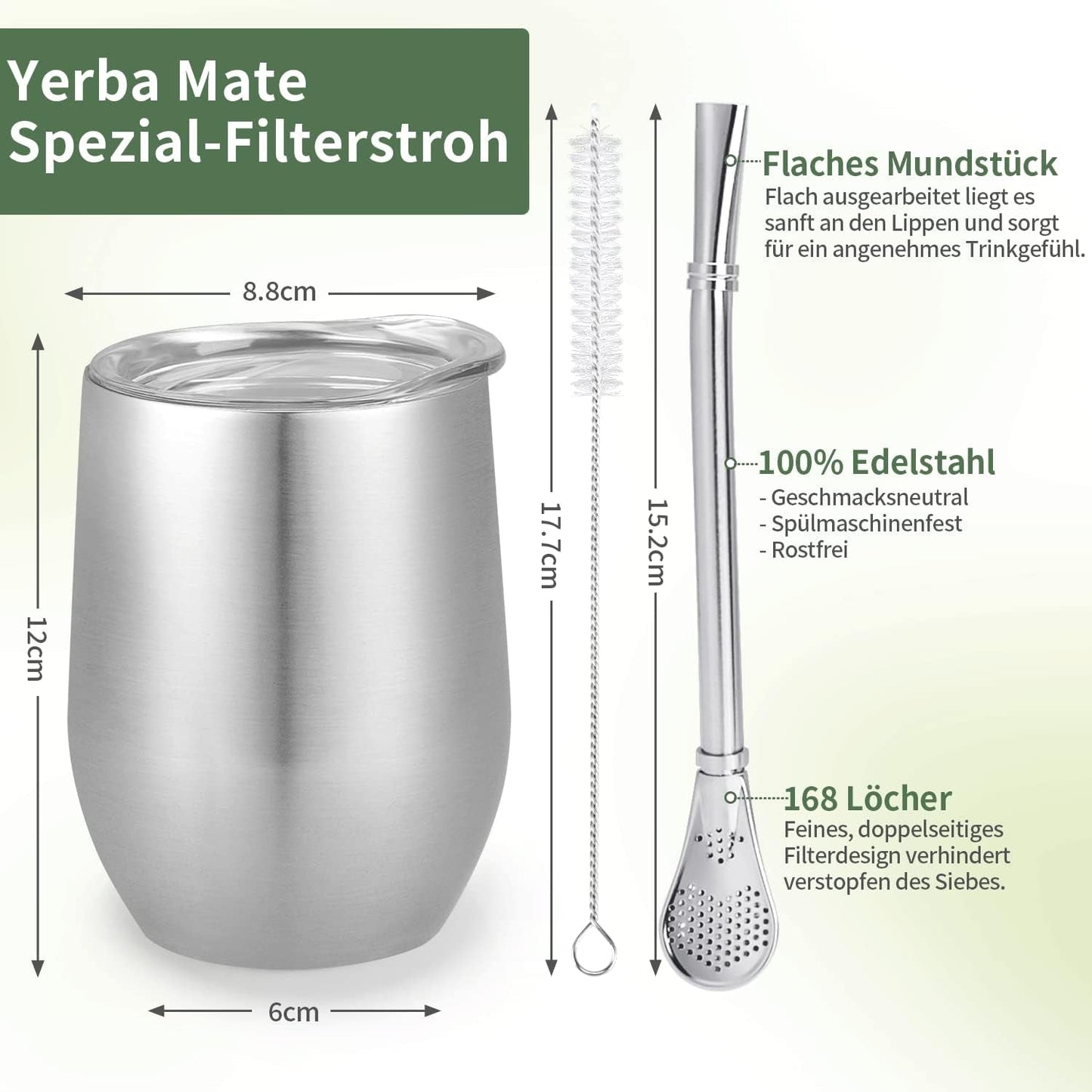 Moderní hrnek Mate 340 ml, sada hrnků Yerba Mate s dvojitou stěnou z nerezové oceli, hrnek na čaj Mate s víčkem bez BPA, bombillas a čisticí kartáček (stříbrný)