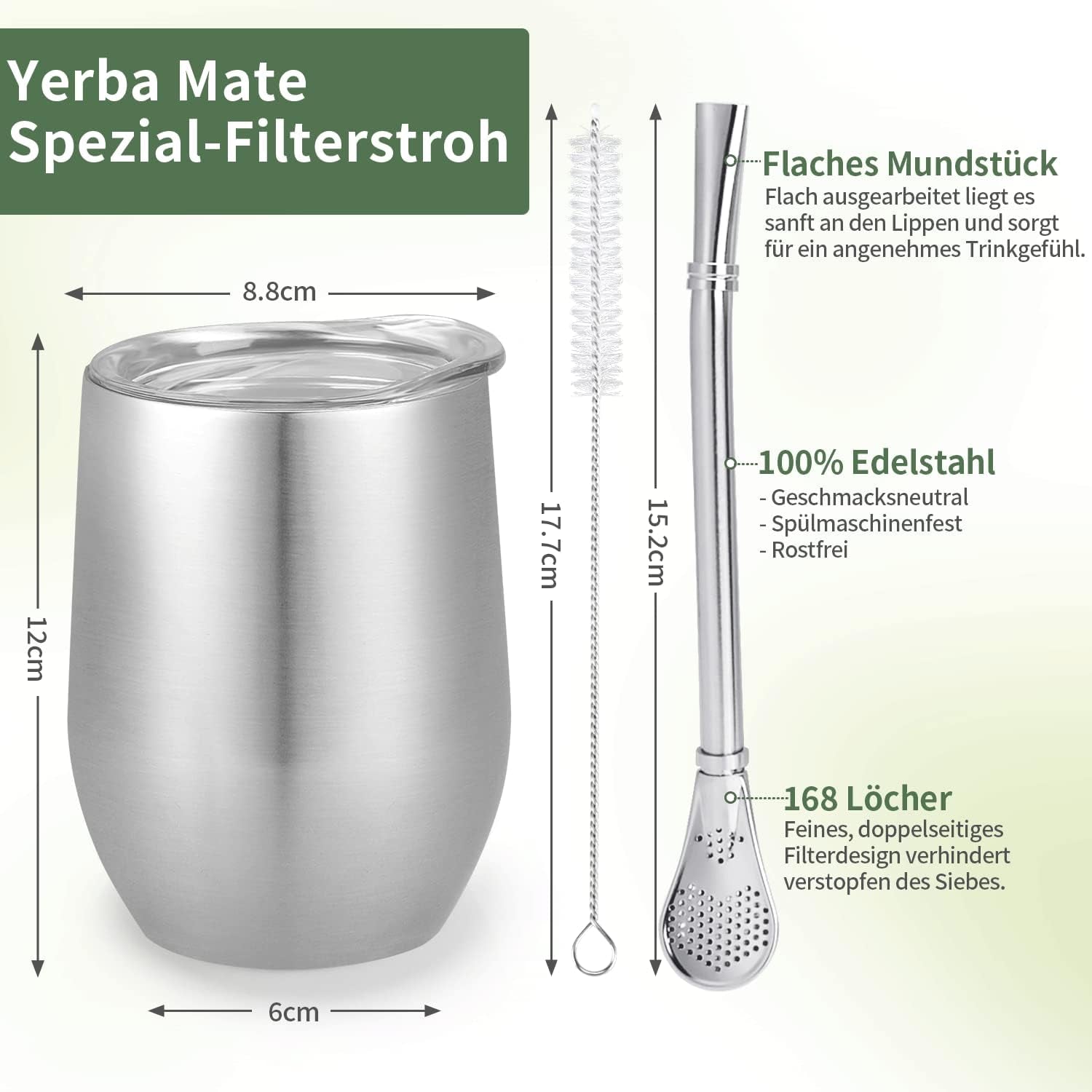 Moderní hrnek Mate 340 ml, sada hrnků Yerba Mate s dvojitou stěnou z nerezové oceli, hrnek na čaj Mate s víčkem bez BPA, bombillas a čisticí kartáček (stříbrný)