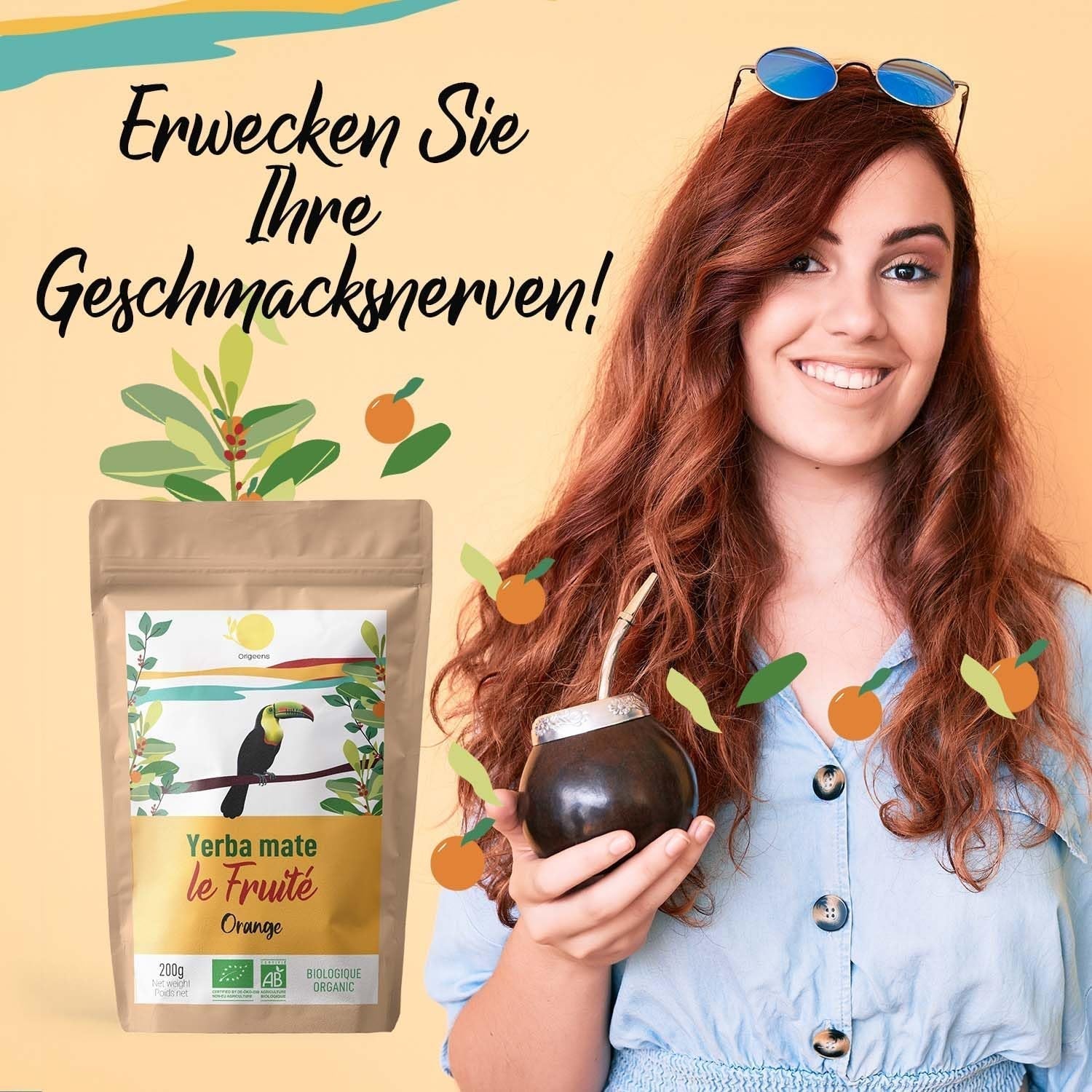 ORIGEENS BIO YERBA MATE s pomeranči 200 G - Ovocný čaj I Bio čaj Yerba Maté nepražený, bez stonků a prachu I Energizující a detoxikační nápoj