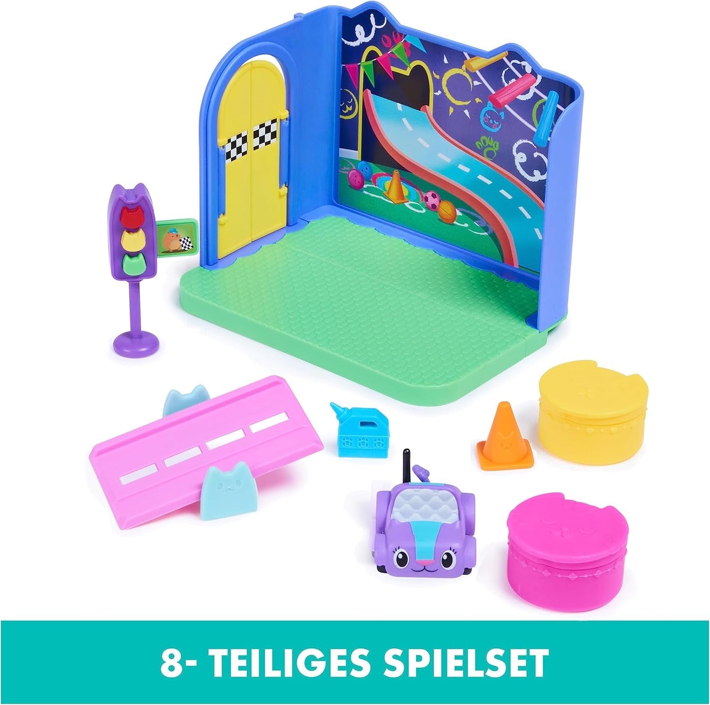 Pokoj Gabby's Dollhouse Deluxe, Purr-Ific Playroom, Herna s autíčkem Carlita, 2 kusy nábytku a 2 krabice s překvapením s příslušenstvím, Vhodné pro domečky pro panenky Naty Shop od 3 let