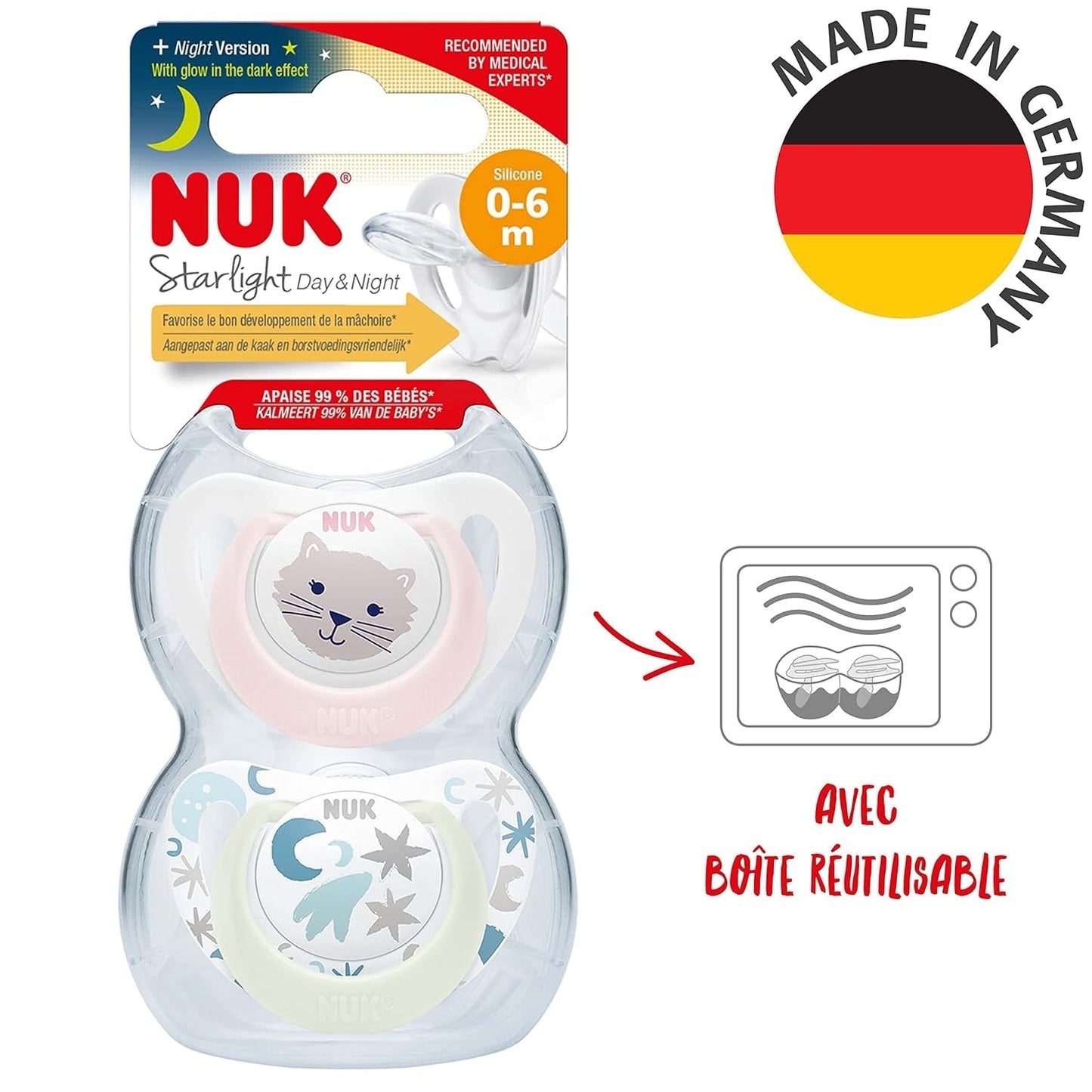 NUK Star Night & Day dětský dudlík 0-6 měsíců Svítí ve tmě Silikon bez BPA Pink Cat 2 balení
