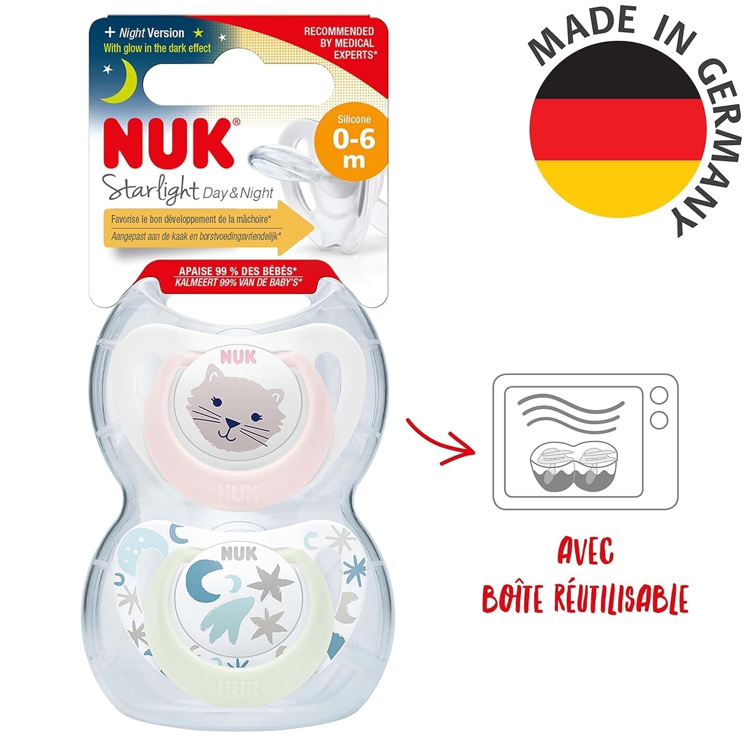 NUK Star Night & Day dětský dudlík 0-6 měsíců Svítí ve tmě Silikon bez BPA Pink Cat 2 balení