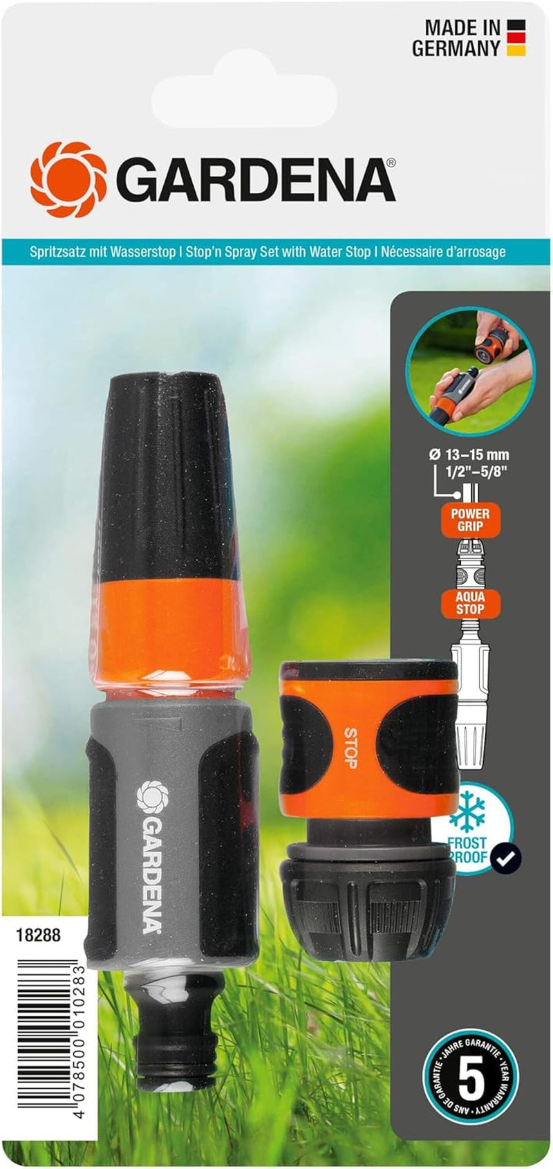 Sada postřikovačů Gardena pro hadice 13 mm (1/2 palce) a 15 mm (5/8 palce): Sada čisticích sprejů s Aquastop pro rychlou výměnu připojení (18288-20)