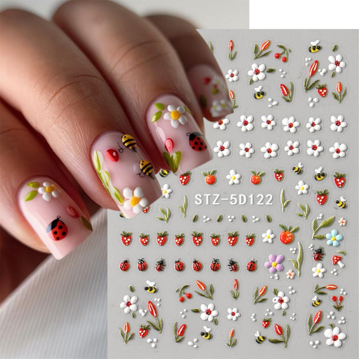JMEOWIO 3D Nálepka na nehty Blumen Frucht Nálepka na nehty Selbstklebend Nagelaufkleber 5D Stereoskopická dekorace Nageldesign Zubehör 4 Blatt