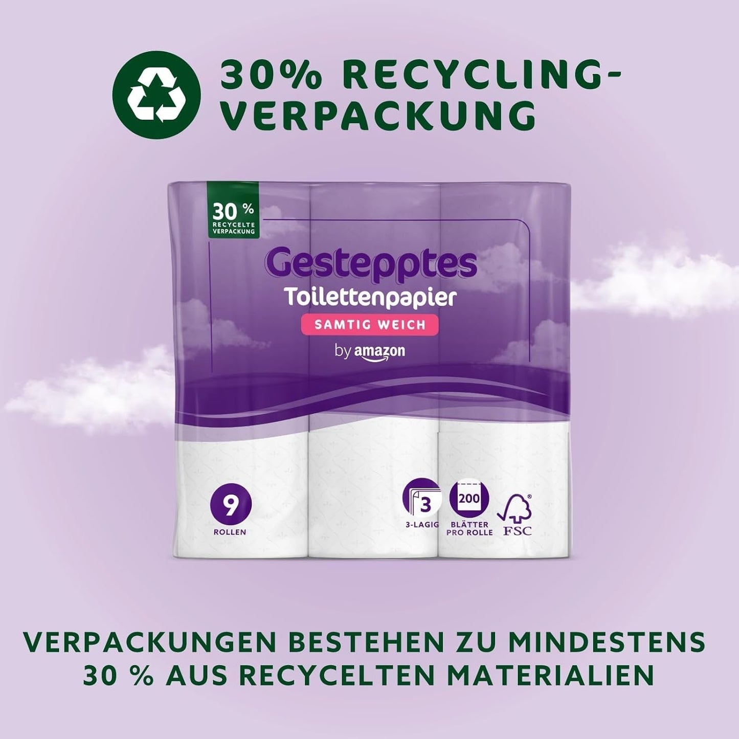Toaletní papír Amazon, 3vrstvý prošívaný, sametově měkký, 36 rolí (9 rolí, balení po 4), 200 listů na roli, certifikováno Fsc