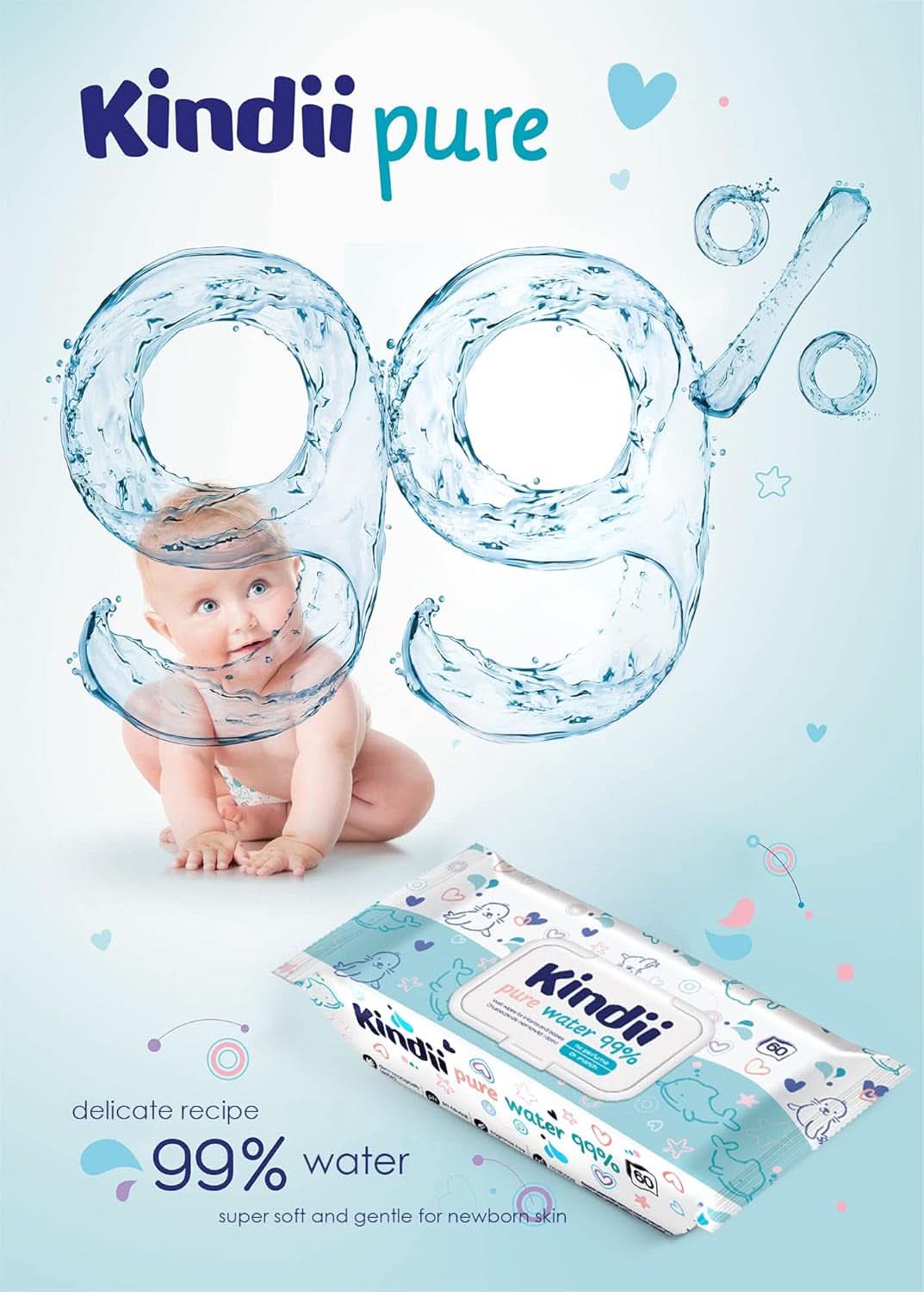 Kindii Feuchttücher Für Babies Und Kinder Čistá voda 99% - 99%Ige Zusammenzeit Auf Wasserbasis - Allantoin - Unparfümiert - Dermatologisch Getestet - Für Empfindliche Haut - 720 Stück - 12X60 Stück Naty Shop
