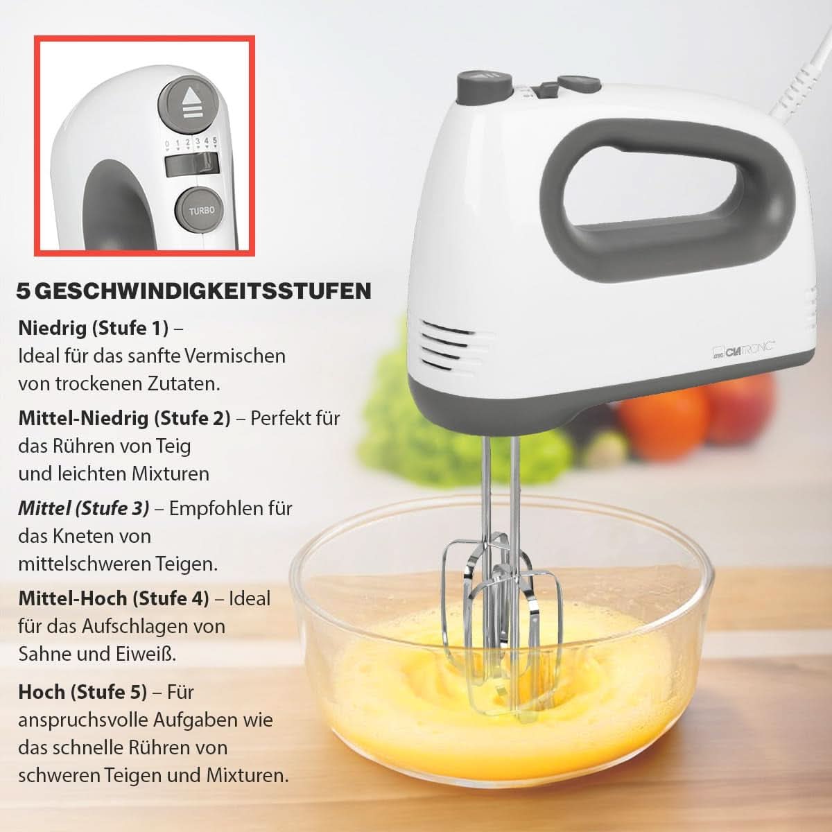 Mixér Clatronic | Kraftvoller 400W motor | Ruční mixér | Turbostufe & 5 Geschwindigkeitsstufen | Ruční mixér | Spülmaschinengeeignete Edelstahlquirle Und -Knethaken | HM 3775 Kitchen Naty Shop