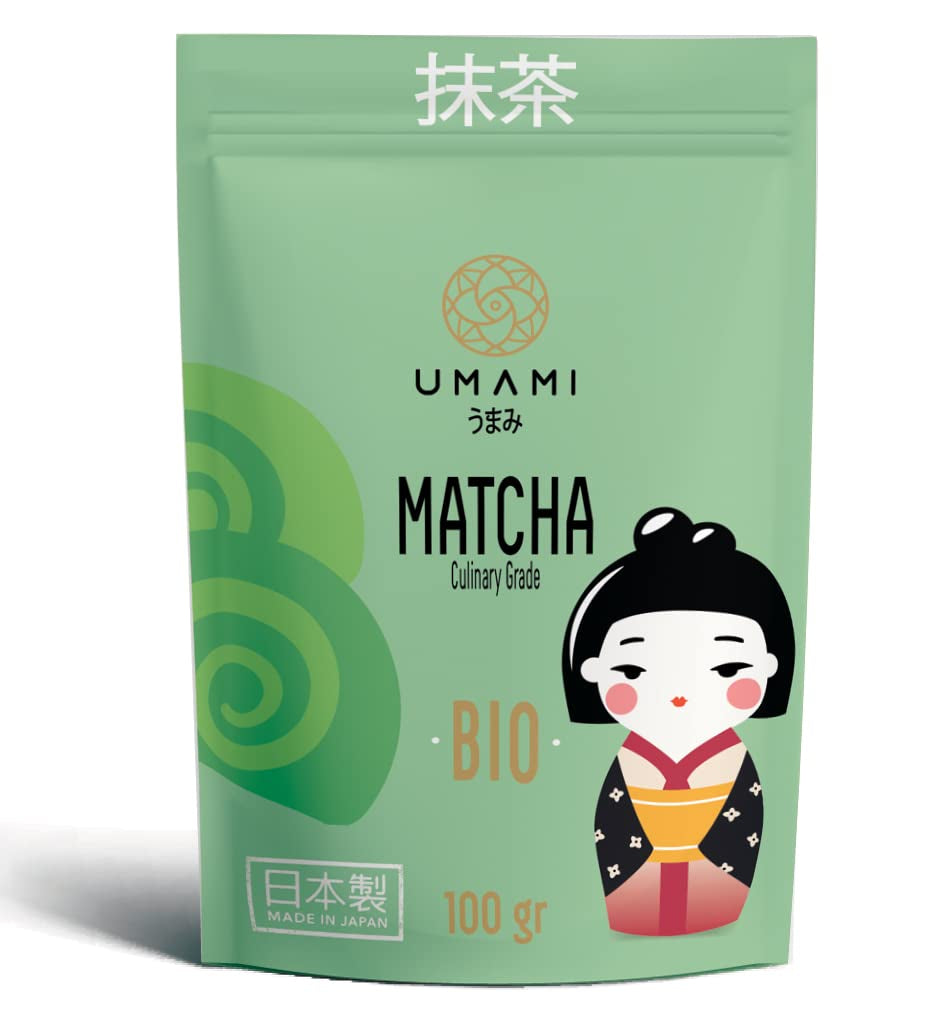 Umami Bio Matcha prášek ze zeleného čaje – kulinářské kvality, pěstovaný v Uji, Kyoto (Japonsko) z ekologického zemědělství. Vynikající k pití nebo k vaření v kuchyni 100 g...