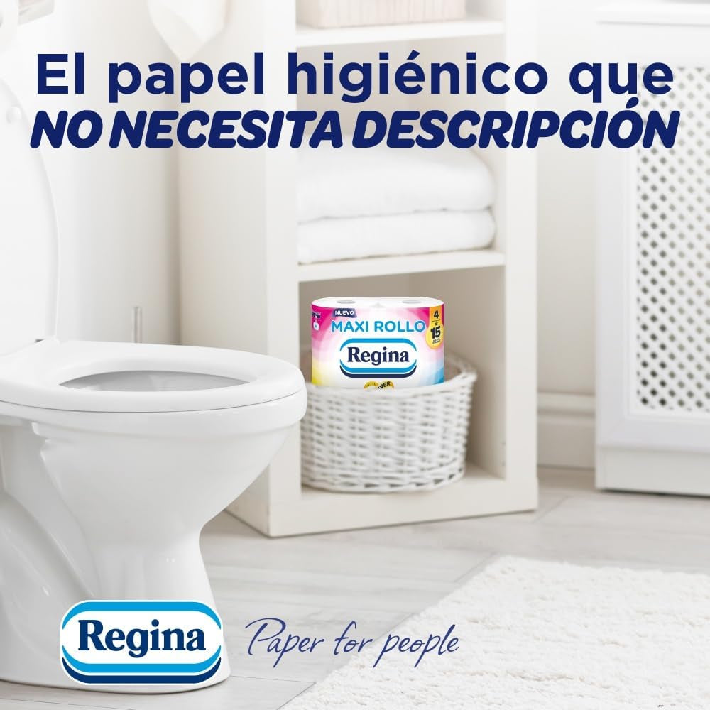 Regina Maxi Roll – 4 role toaletního papíru, 500 2vrstvých listů na roli, více než trojnásobek standardní role, 60 % recyklovaný plastový obal, 100 % certifikovaný papír Fsc