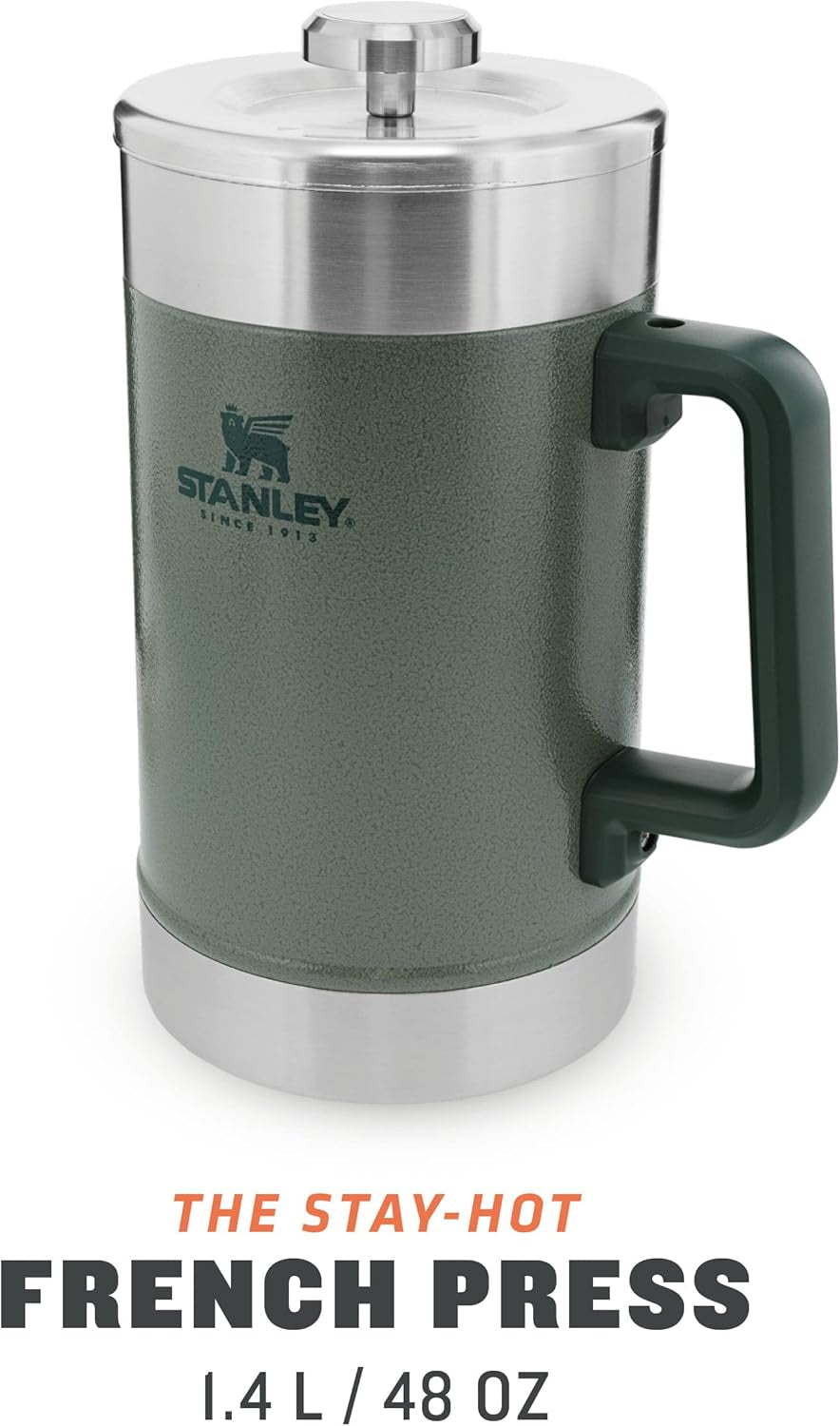 STANLEY Classic Stay Hot Coffee Press 1,4L Hammertone Green - Udrží kávu horkou po dobu 4 hodin - Minimální sediment - Integrovaný lis na kávu z nerezové oceli - Bez BPA - Vhodné do myčky
