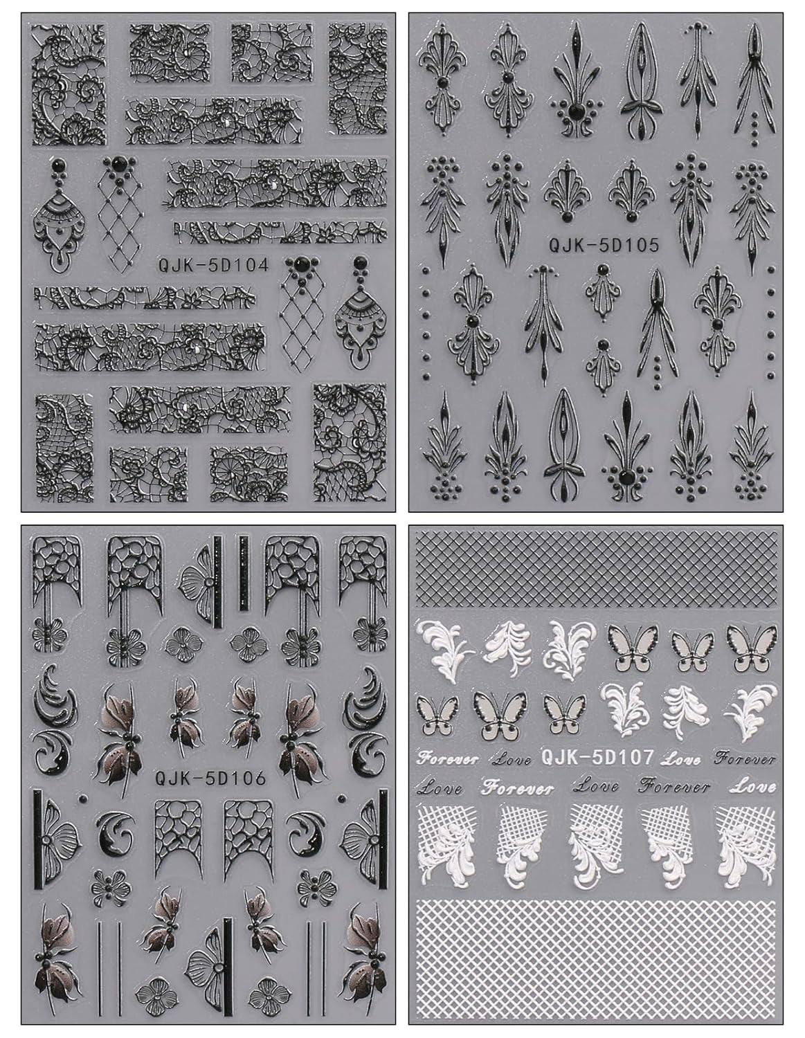 JMEOWIO 3D Nálepka na nehty Schwarz Weiß Blume Nálepka na nehty Selbstklebend Nagelaufkleber 5D Stereoskopisch Blumen Dekoration Nageldesign Zubehör 4 Blatt