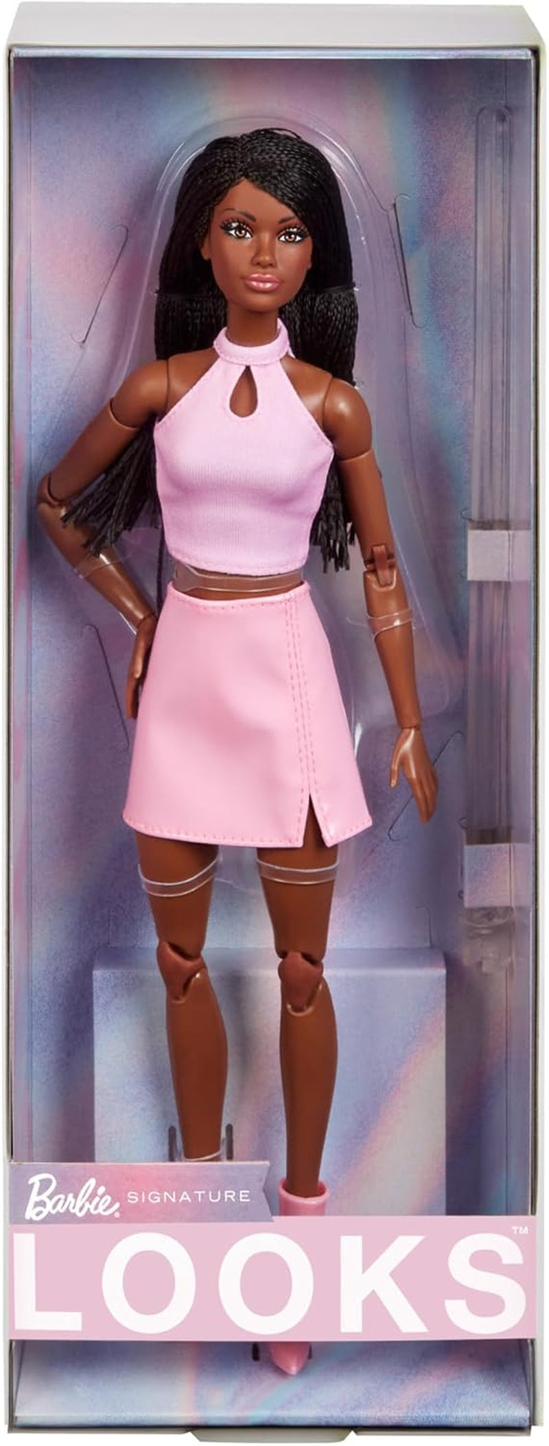 Panenka Barbie Looks, sběratelská figurka č. 21 se zapletenými černými vlasy a moderní módou Y2K, růžovým topem s ohlávkou a sukní z umělé kůže s botami, HRM13 Naty Shop Dolls Default Title