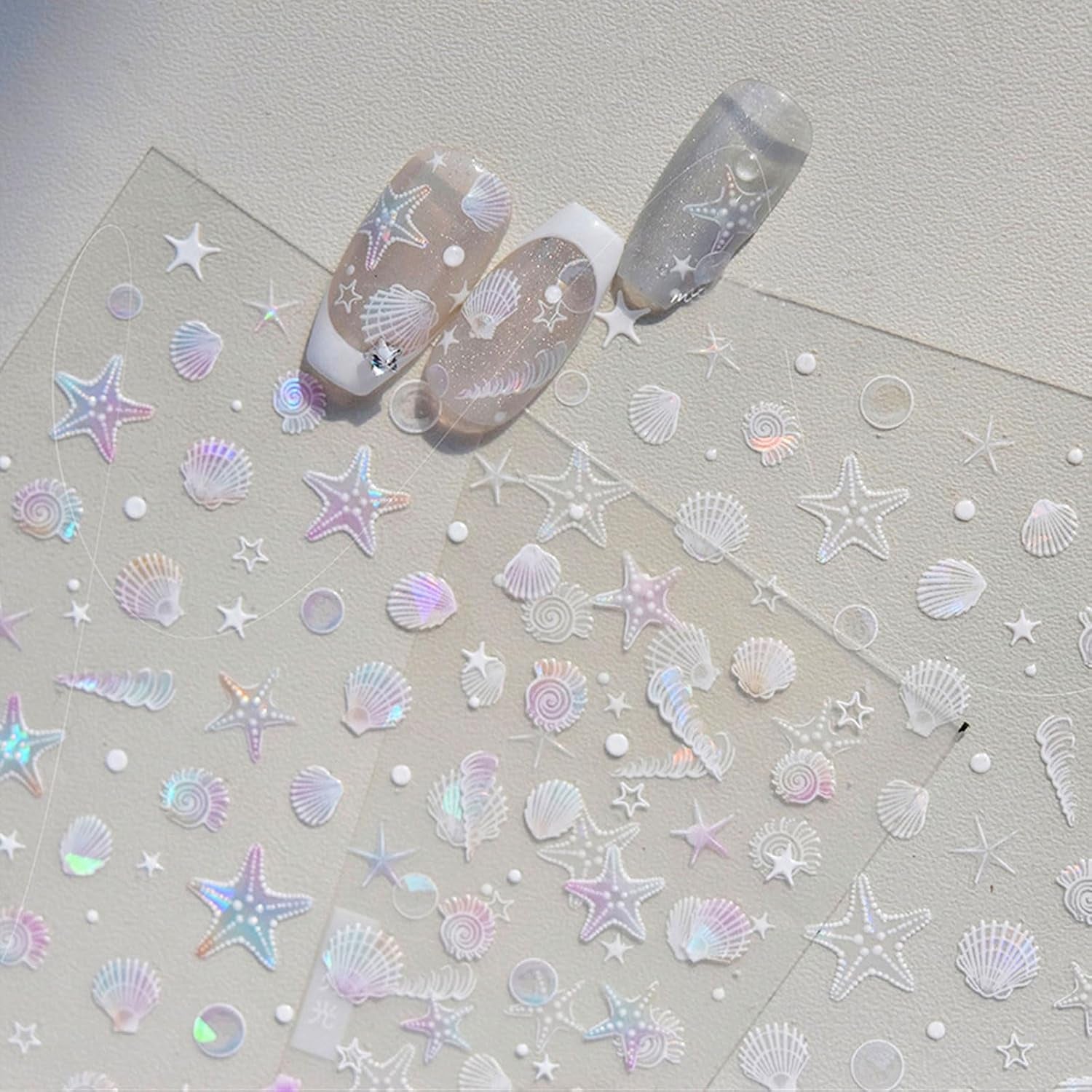 JMEOWIO 3D Nálepka na nehty Aurora Muschel Seestern Nálepka na nehty Selbtklebend Nagelaufkleber 5D Stereoskopické Ozean Téma Dekorace Nageldesign Zubehör 1 Blatt