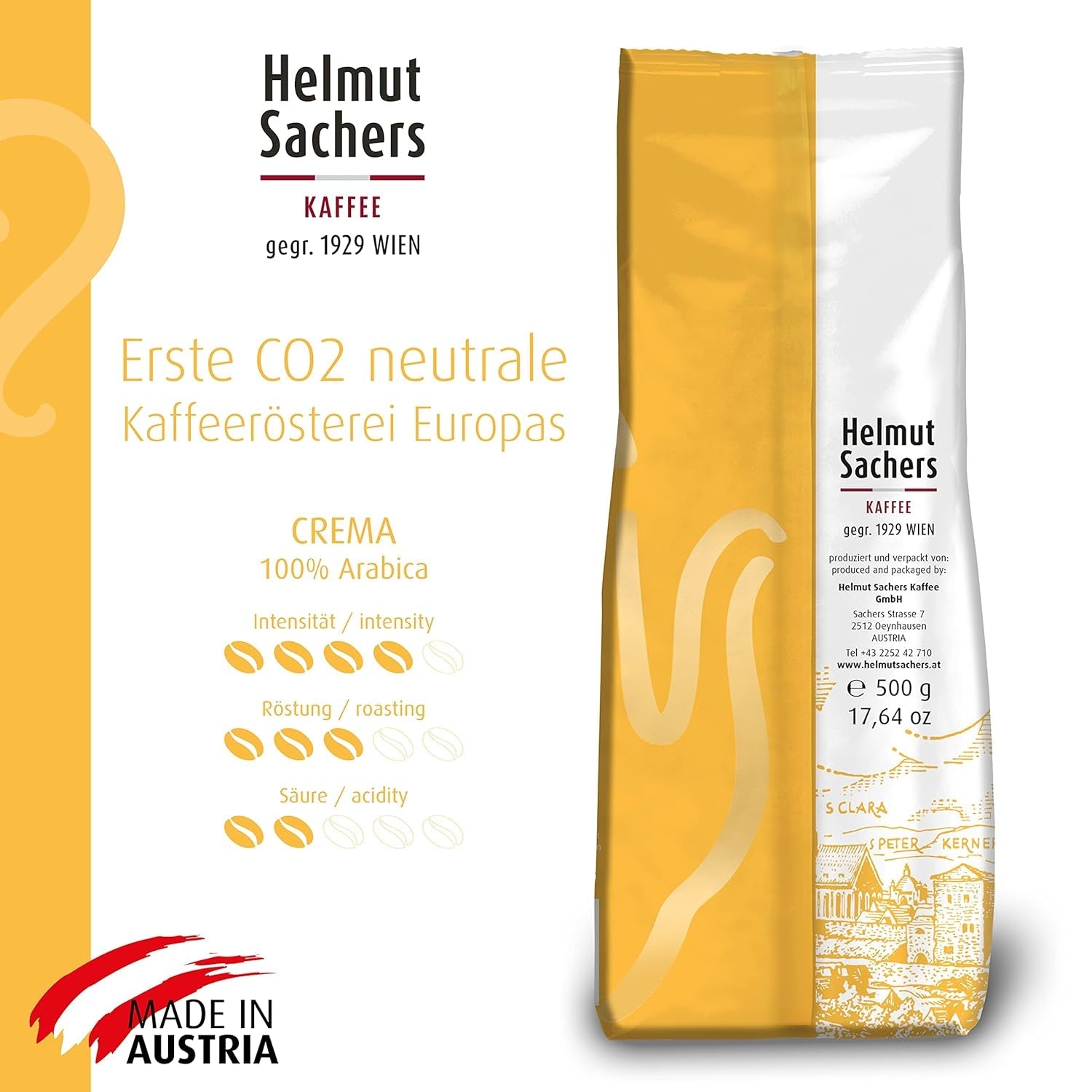 Káva Helmut Sachers – smetana, síla 4/5, 100% Arabica, celá kávová zrna, 6 x 500 g